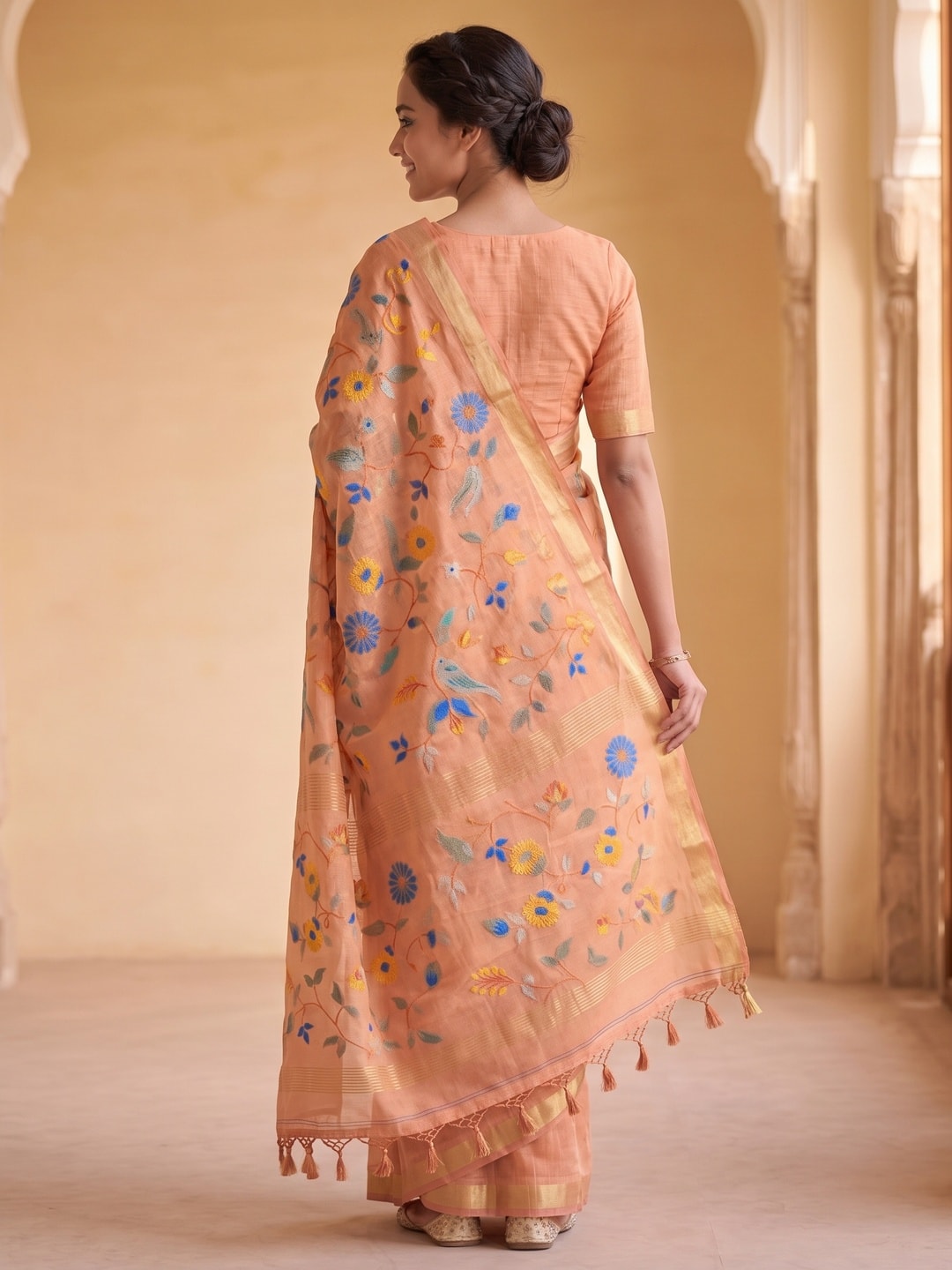 Peachmode Peach Jamdani Silk Floral Woven Saree - Image 4