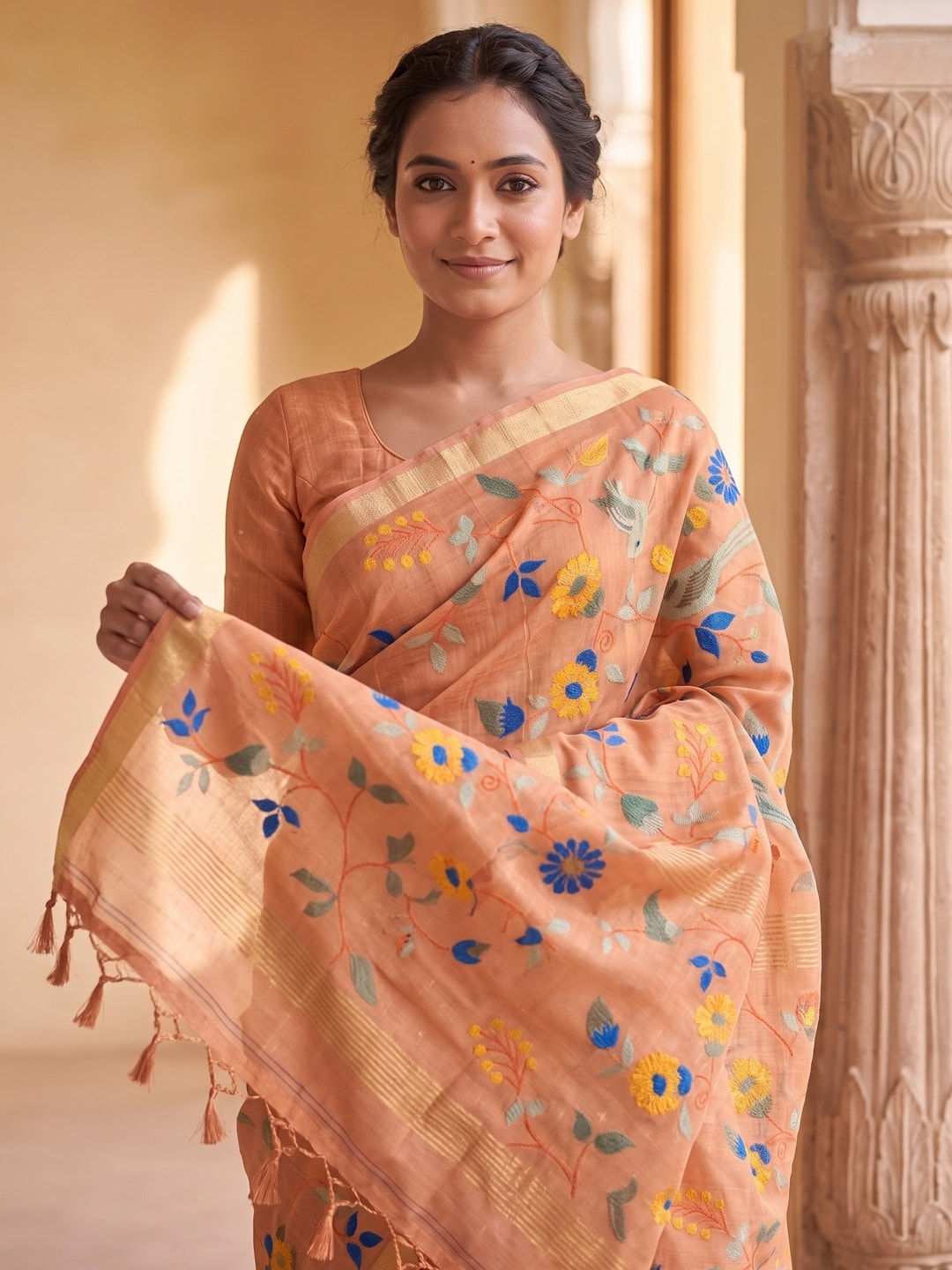 Peachmode Peach Jamdani Silk Floral Woven Saree - Image 5