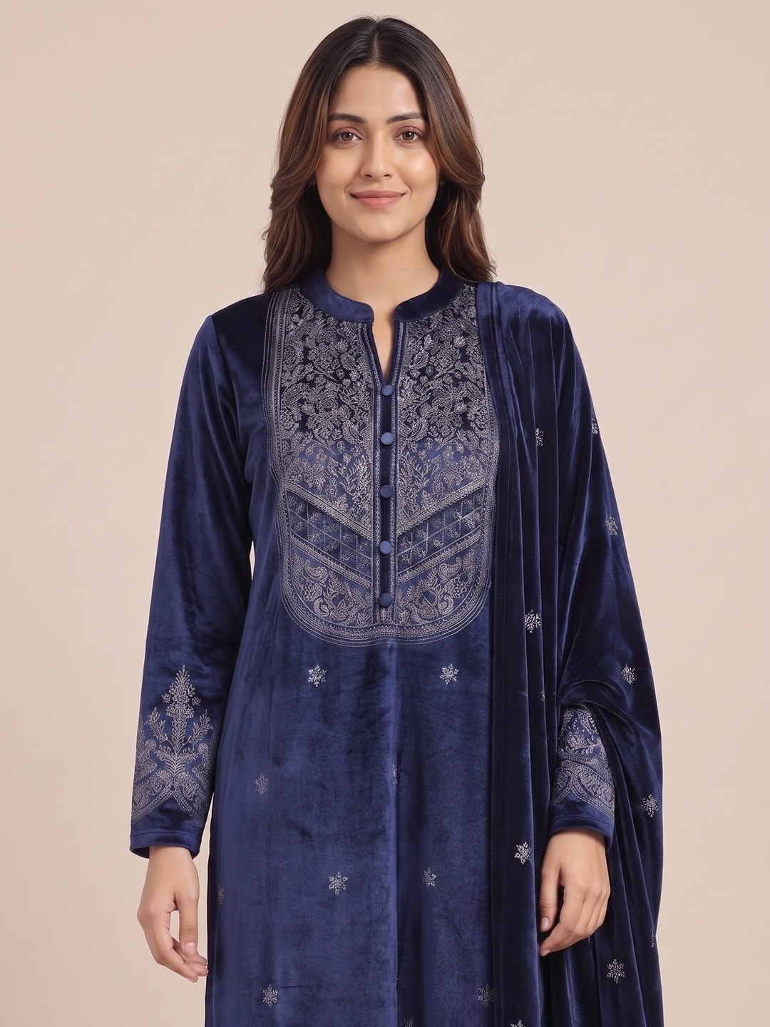 Peachmode Navy Blue Velvet Embroidered Salwar Suit - Image 5