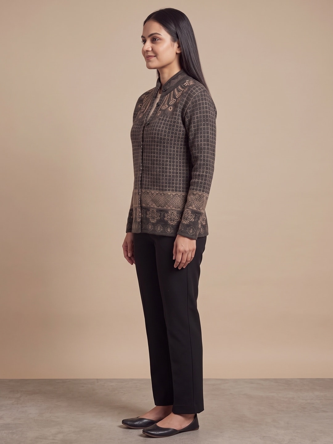 Peachmode Black Lattice Jacquard Woolen Cardigan - Image 3