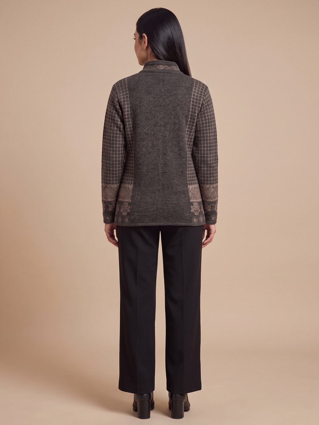 Peachmode Black Lattice Jacquard Woolen Cardigan - Image 4