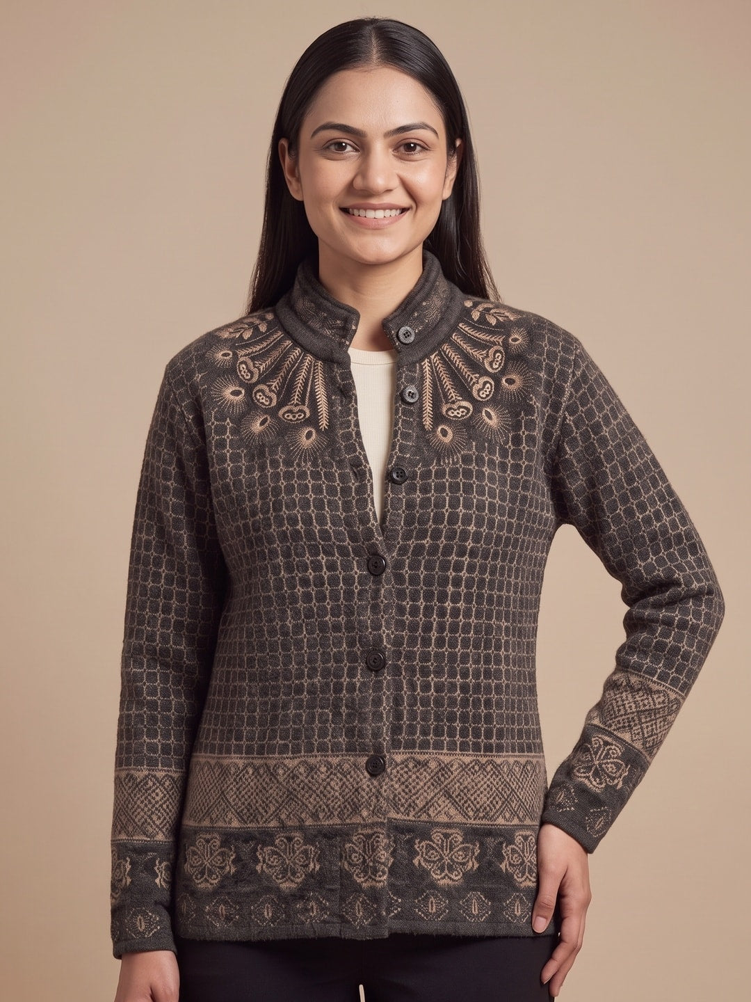 Peachmode Black Lattice Jacquard Woolen Cardigan - Image 5