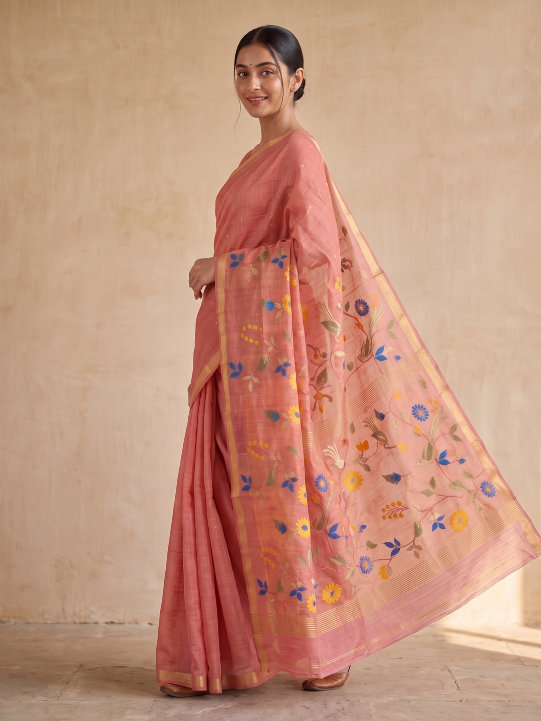 Peachmode Coral Jamdani Silk Floral Woven Saree - Image 2