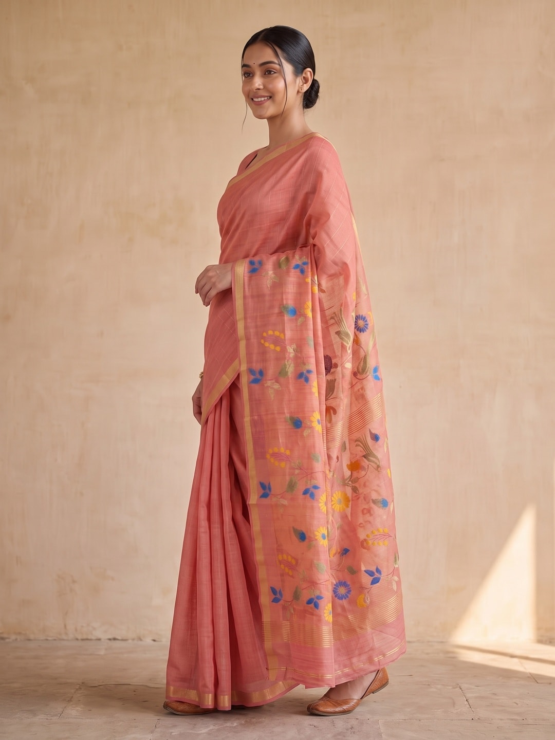 Peachmode Coral Jamdani Silk Floral Woven Saree - Image 3