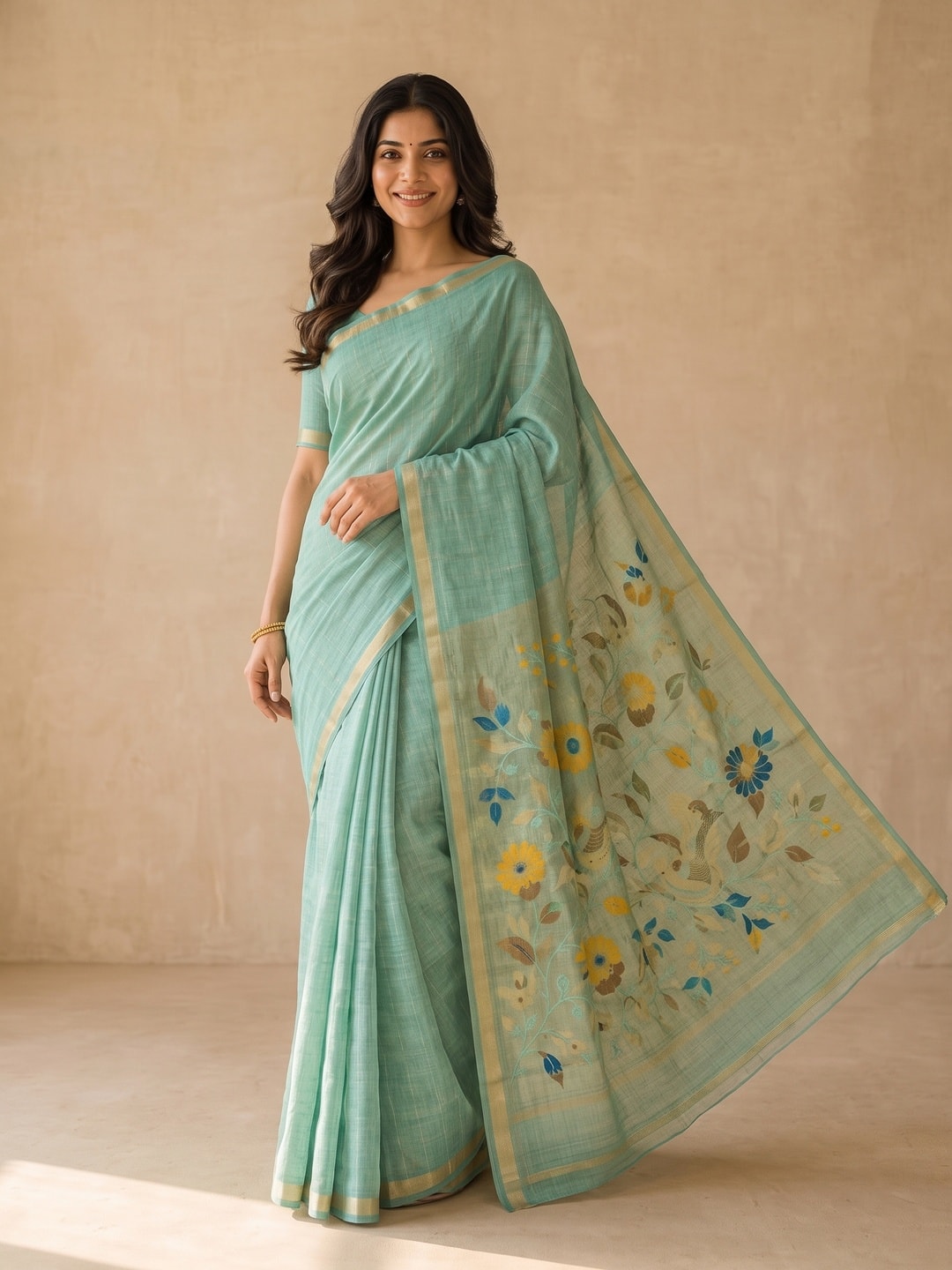 Peachmode Sea Green Jamdani Silk Floral Woven Saree - Image 1