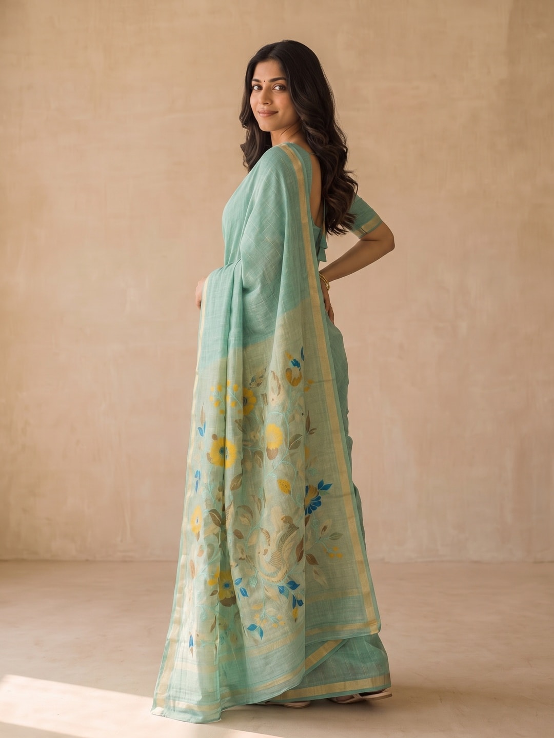 Peachmode Sea Green Jamdani Silk Floral Woven Saree - Image 2