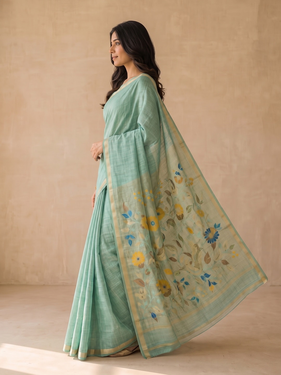 Peachmode Sea Green Jamdani Silk Floral Woven Saree - Image 3