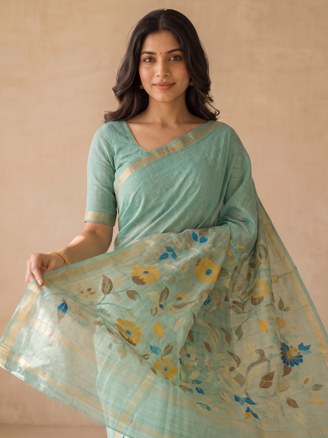 Peachmode Sea Green Jamdani Silk Floral Woven Saree - Image 5