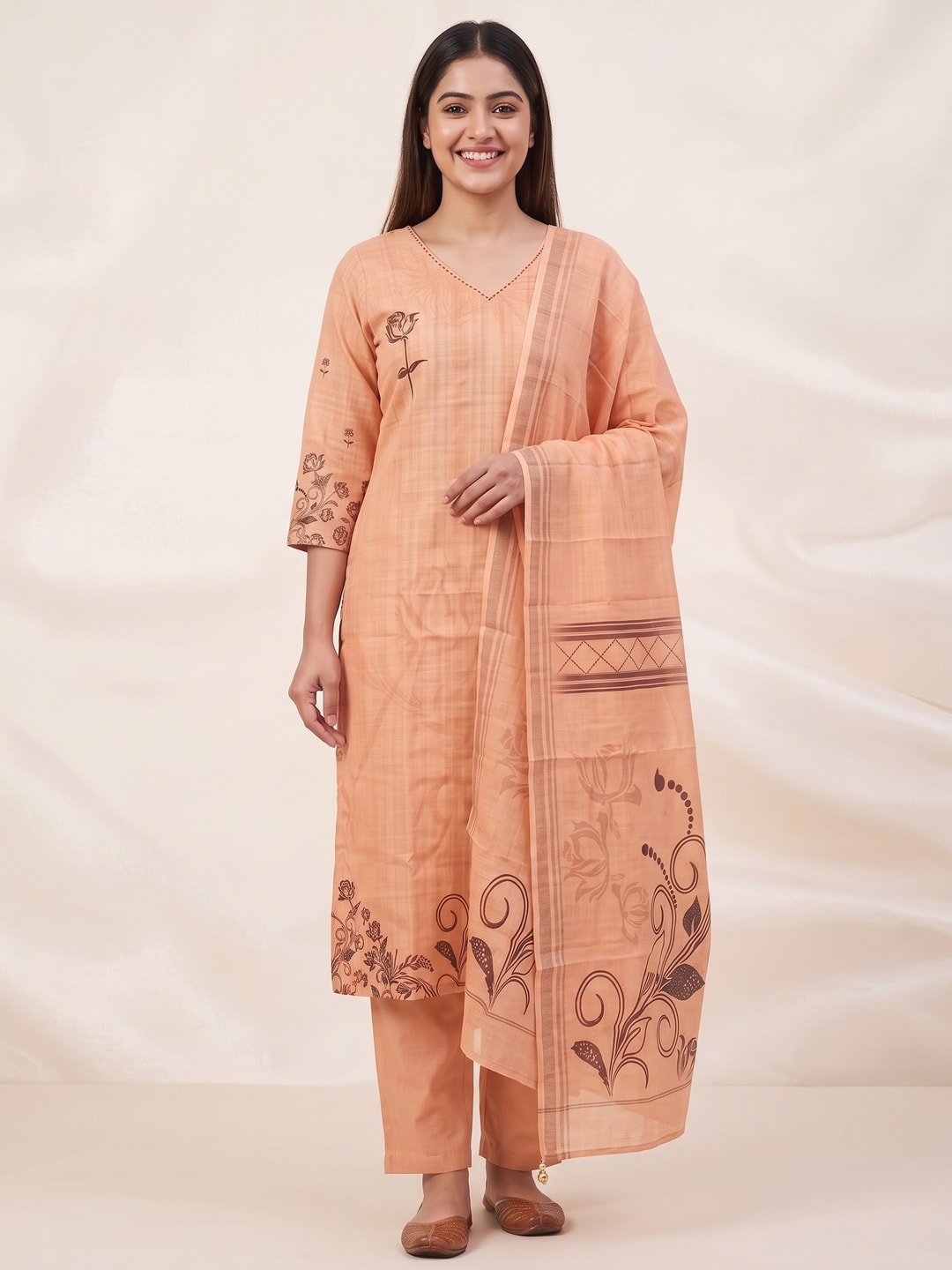 Peachmode Peach Linen Cotton Digital Printed Salwar Suit Set - Image 1
