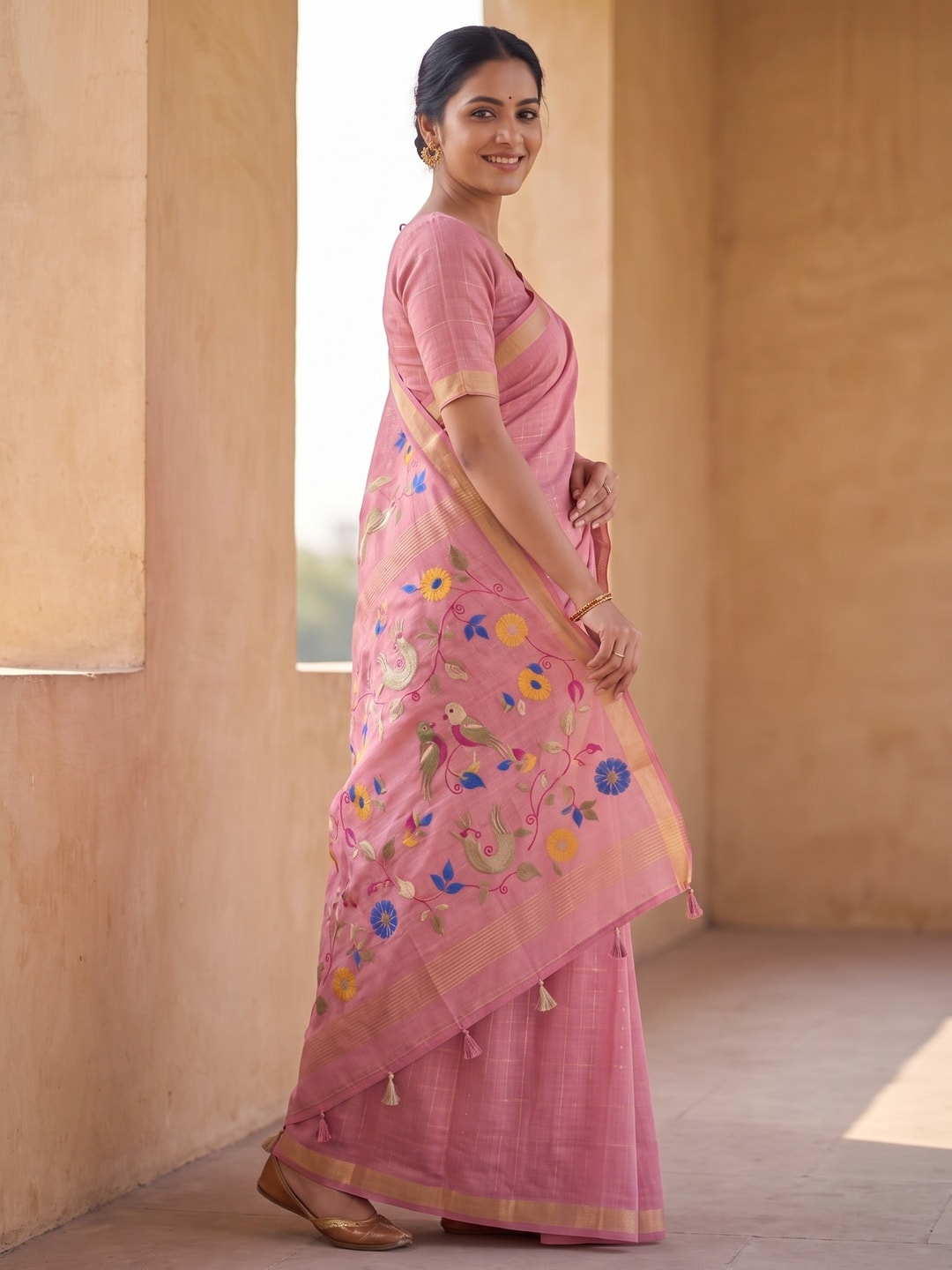 Peachmode Pink Jamdani Silk Floral Woven Saree - Image 2