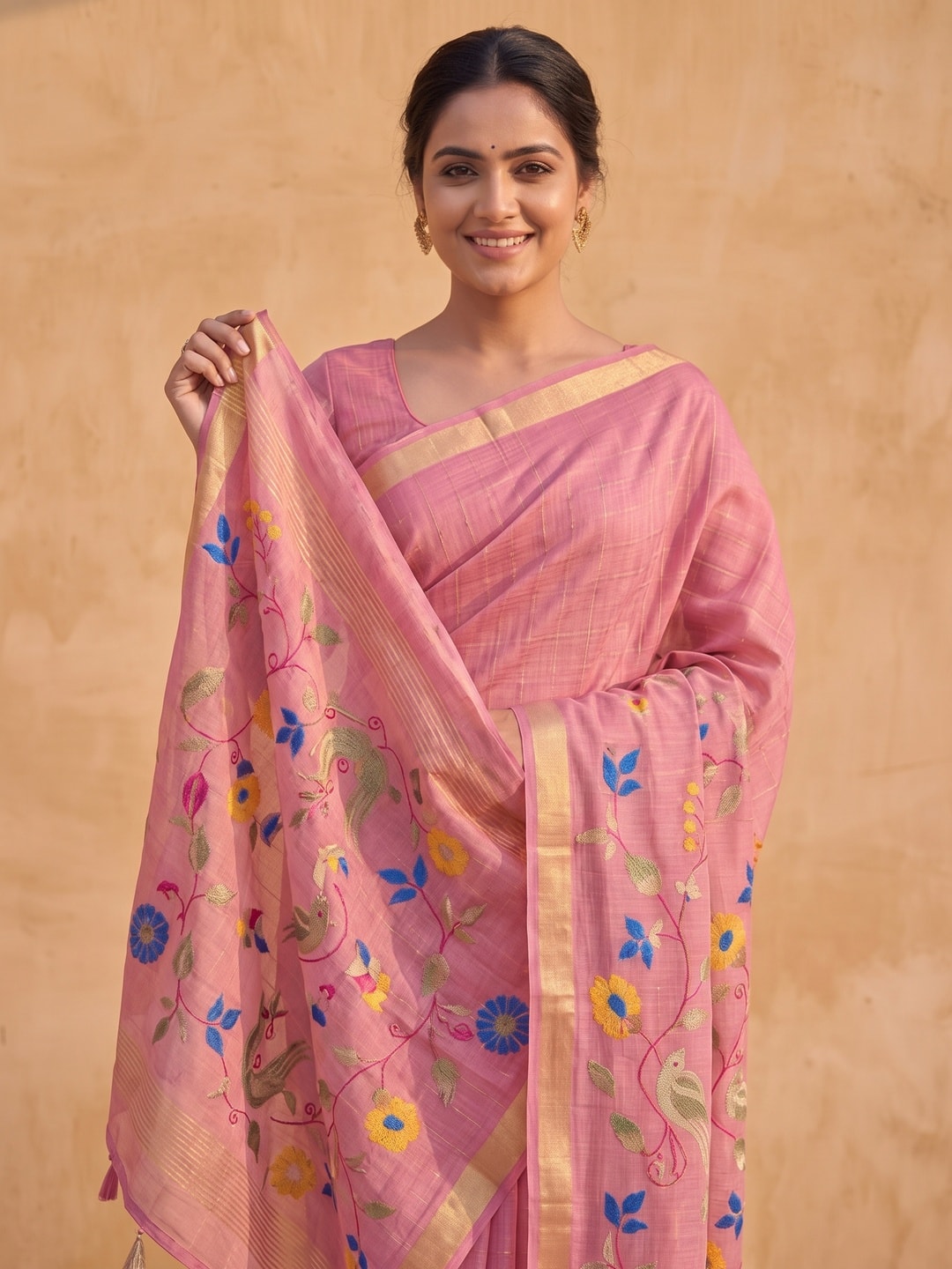 Peachmode Pink Jamdani Silk Floral Woven Saree - Image 5