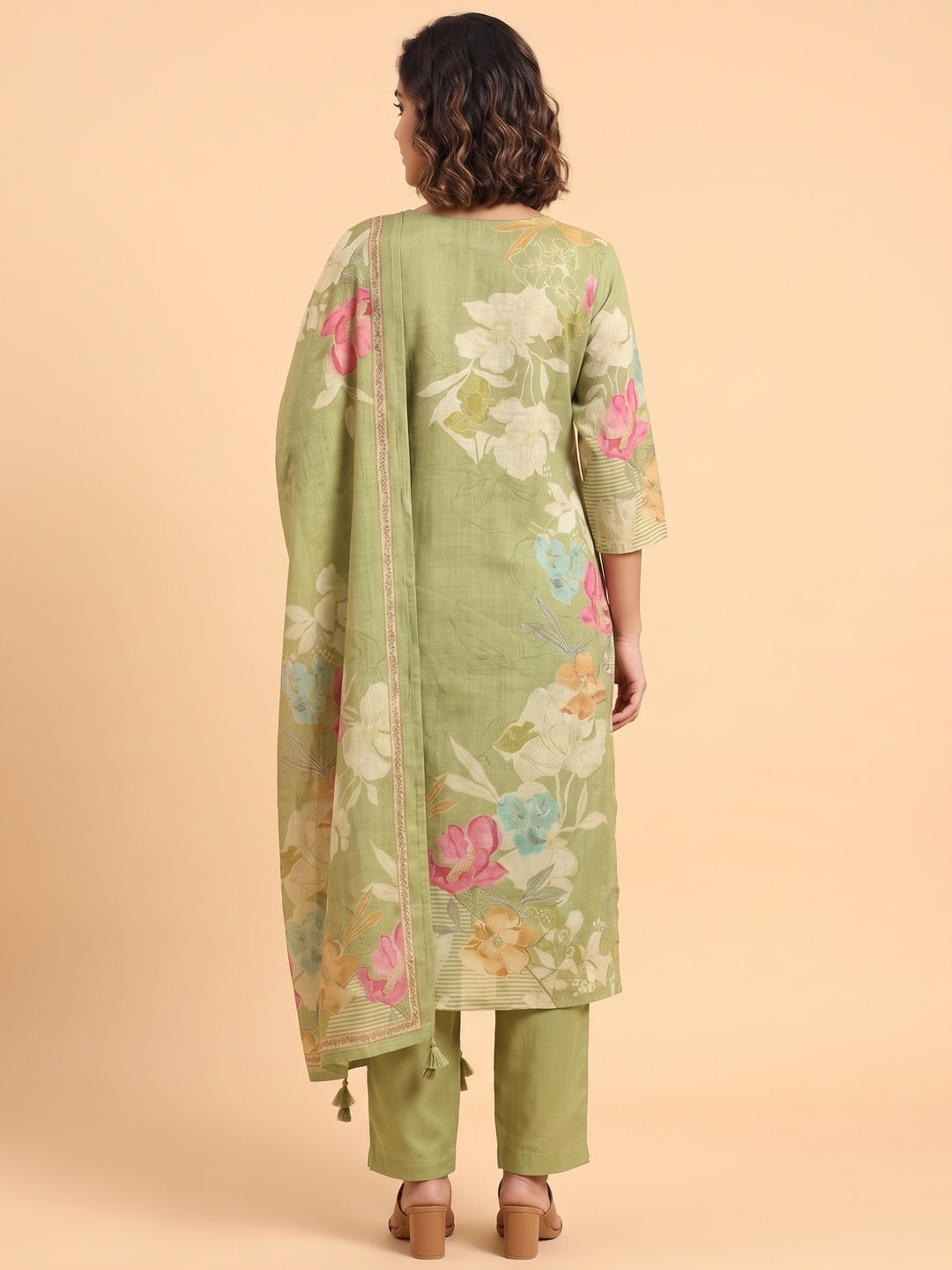 Peachmode Olive Floral Print Cotton Linen Salwar Suit with Dupatta - Image 4