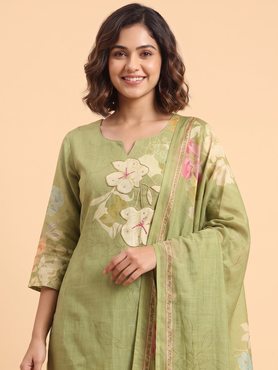 Peachmode Olive Floral Print Cotton Linen Salwar Suit with Dupatta - Image 5
