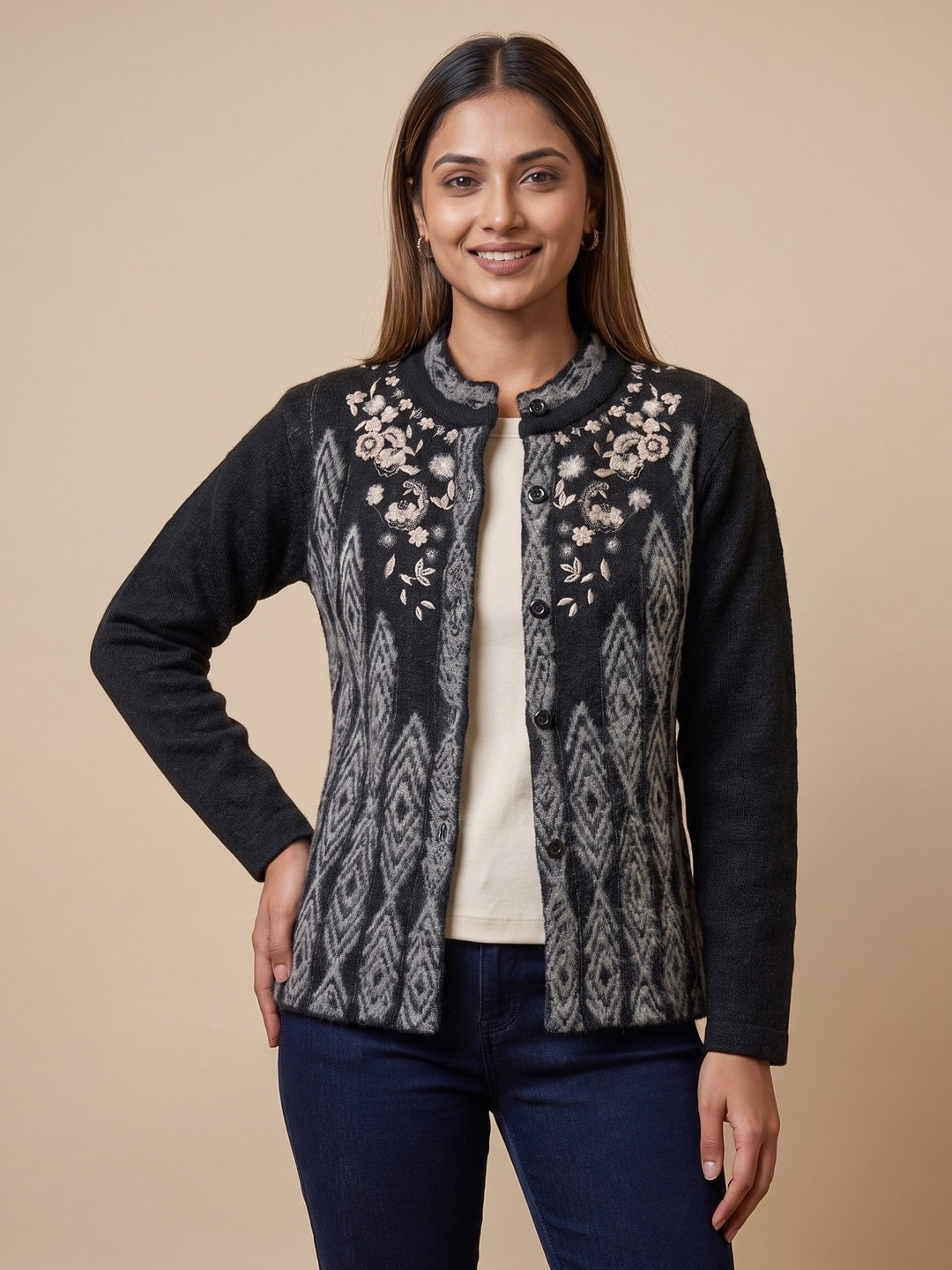 Peachmode Black Woolen Embroidered Cardigan - Image 1
