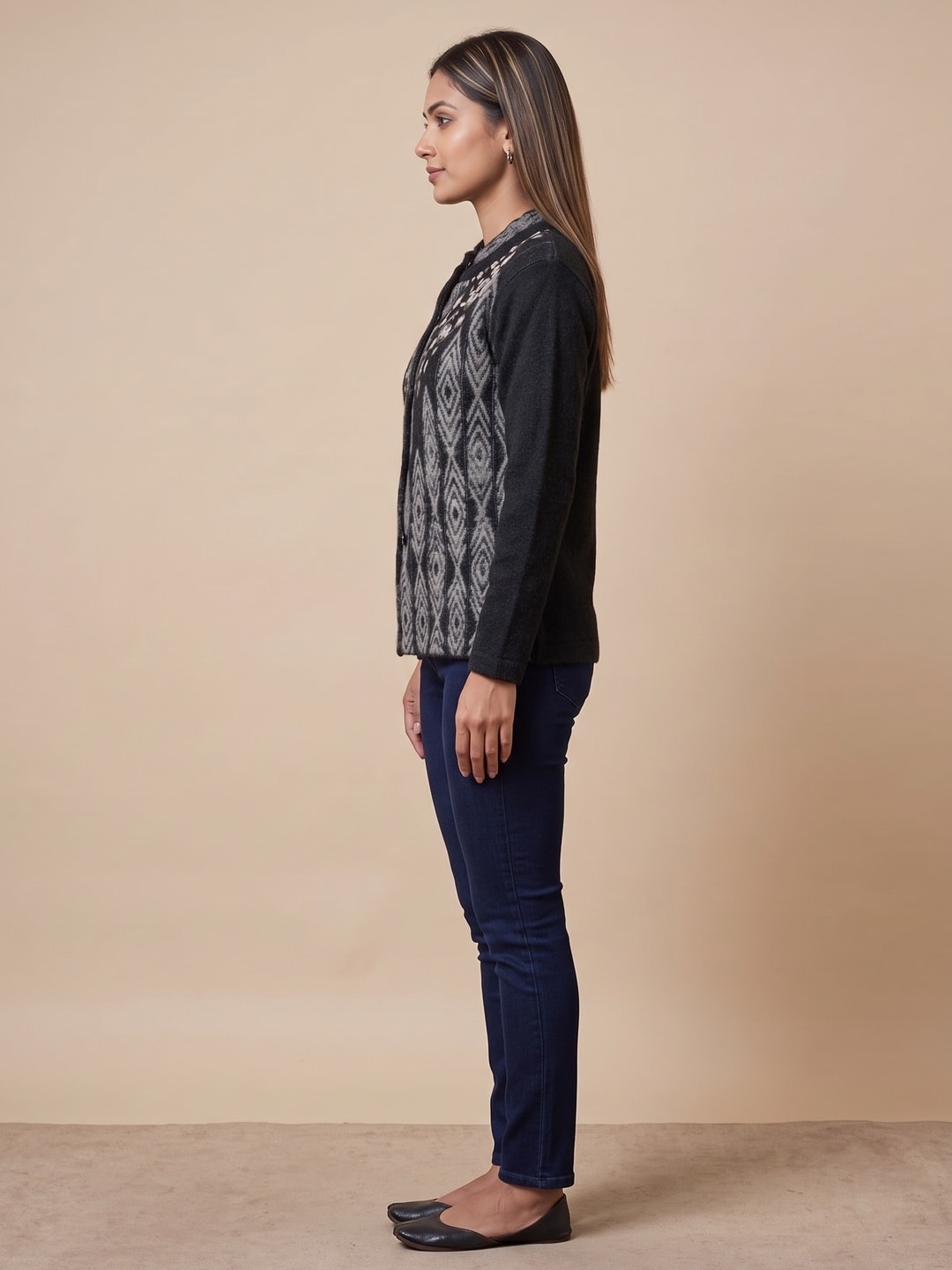 Peachmode Black Woolen Embroidered Cardigan - Image 3