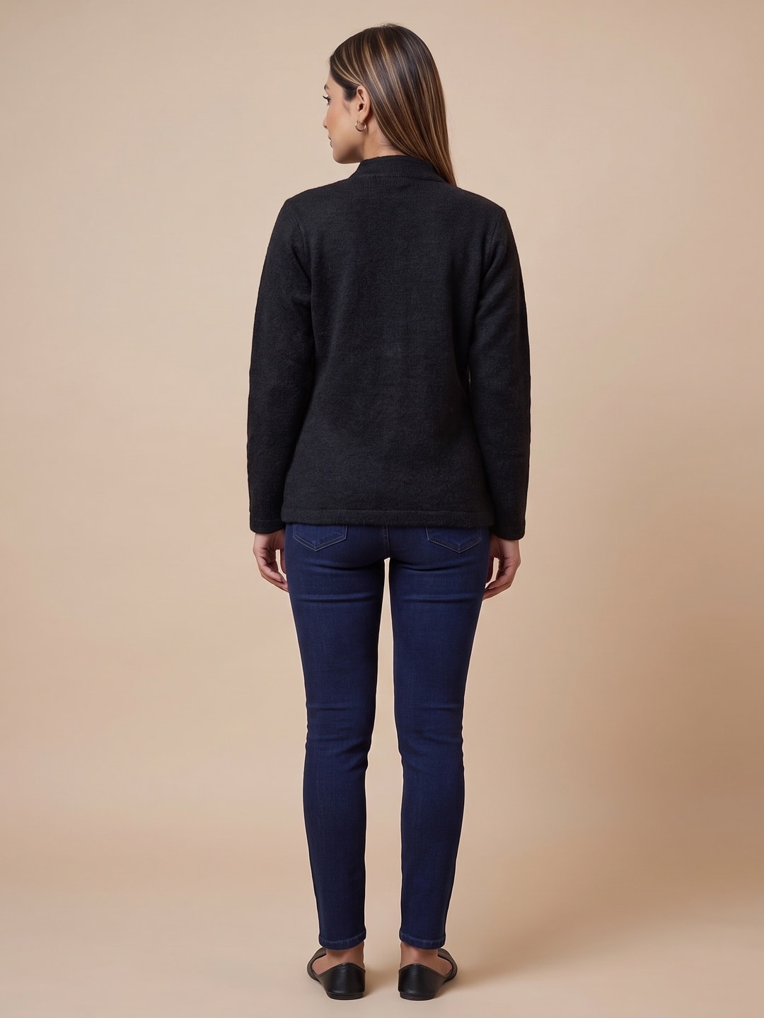 Peachmode Black Woolen Embroidered Cardigan - Image 4