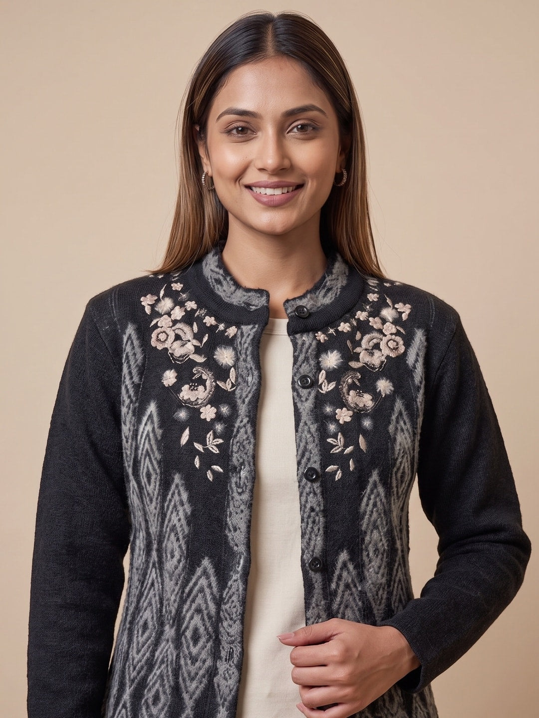 Peachmode Black Woolen Embroidered Cardigan - Image 5