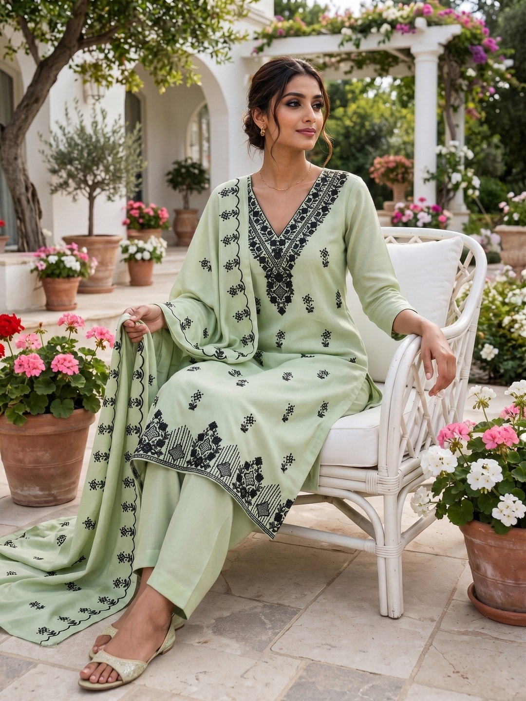 Peachmode Light Green Poly Rayon Unstitched Dress Material With Black Thread Embroidered V Neck And Daman Work And Embroidered Dupatta - Image 2