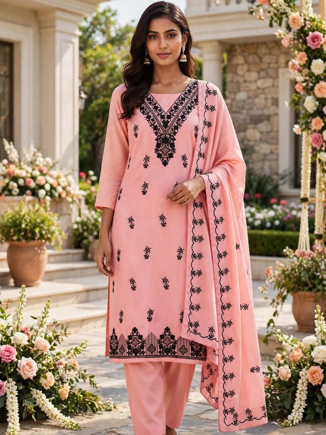 Peachmode Pink Poly Rayon Unstitched Dress Material With Black Thread Embroidered V Neck And Daman Work And Embroidered Dupatta - Image 2