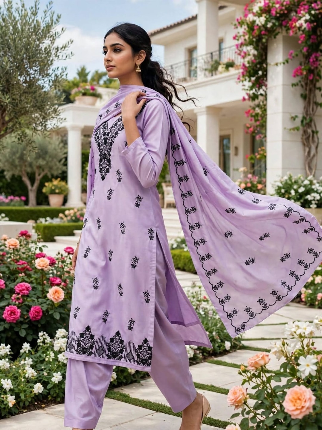 Peachmode Lavender Poly Rayon Unstitched Dress Material With Black Thread Embroidered V Neck And Daman Work And Embroidered Dupatta - Image 2