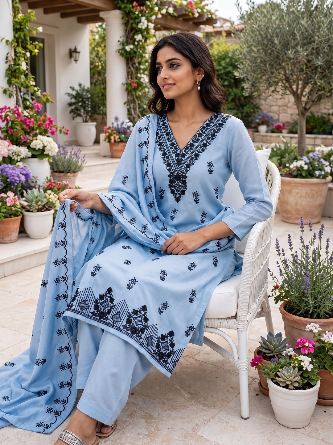 Peachmode Sky Blue Poly Rayon Unstitched Dress Material With Black Thread Embroidered V Neck And Daman Work And Embroidered Dupatta - Image 2