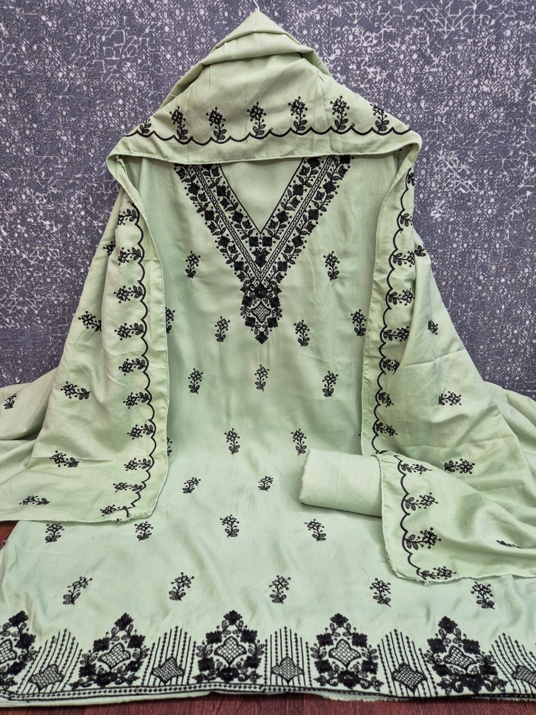 Peachmode Light Green Poly Rayon Unstitched Dress Material With Black Thread Embroidered V Neck And Daman Work And Embroidered Dupatta - Image 4