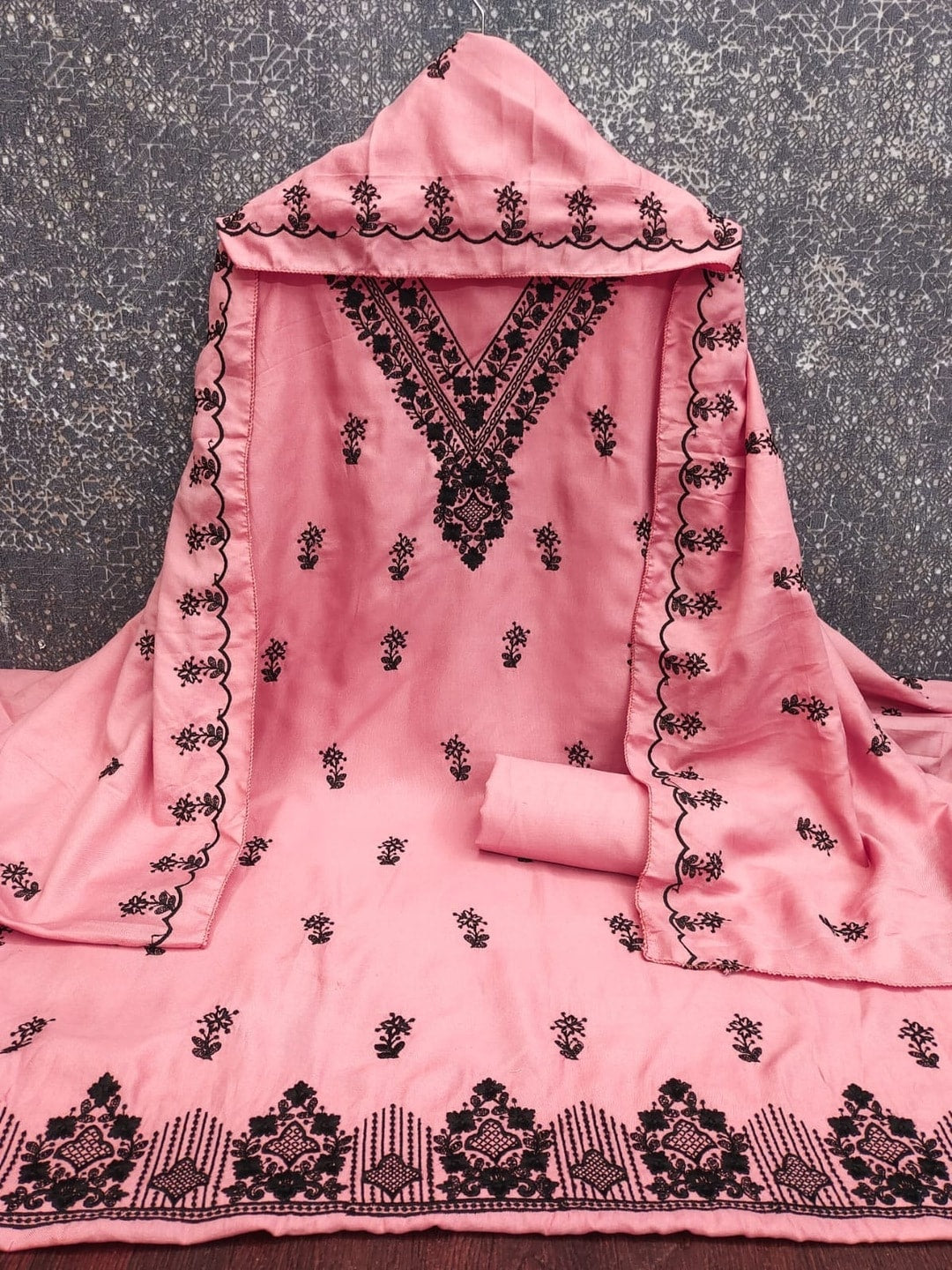 Peachmode Pink Poly Rayon Unstitched Dress Material With Black Thread Embroidered V Neck And Daman Work And Embroidered Dupatta - Image 4