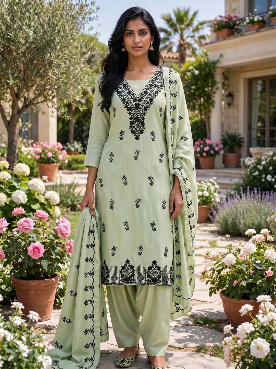 Peachmode Light Green Poly Rayon Unstitched Dress Material With Black Thread Embroidered V Neck And Daman Work And Embroidered Dupatta - Image 3