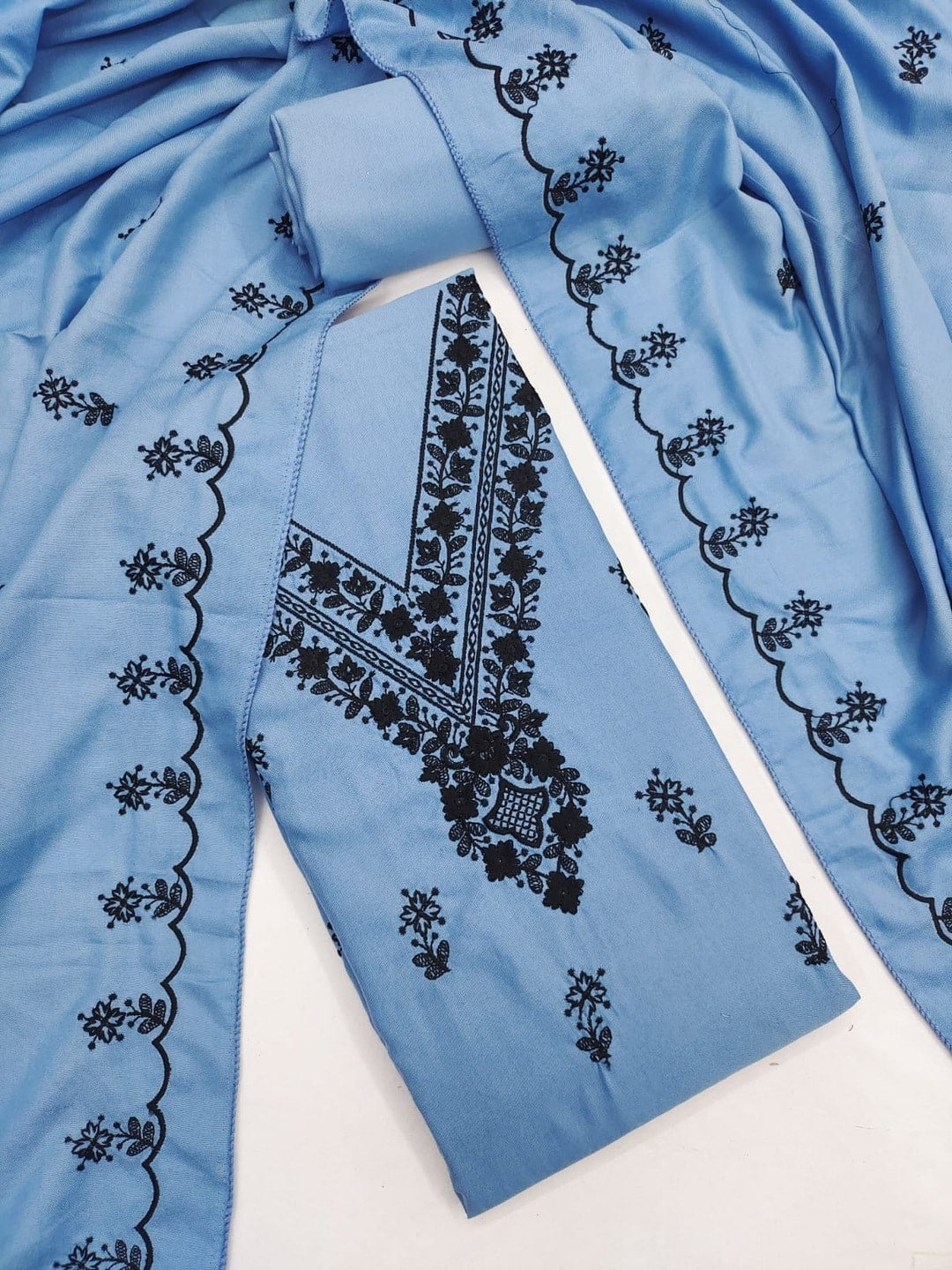 Peachmode Sky Blue Poly Rayon Unstitched Dress Material With Black Thread Embroidered V Neck And Daman Work And Embroidered Dupatta - Image 5