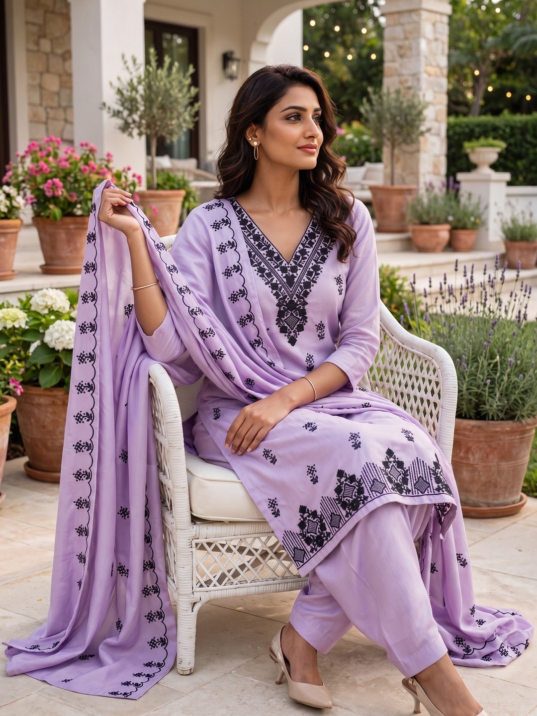 Peachmode Lavender Poly Rayon Unstitched Dress Material With Black Thread Embroidered V Neck And Daman Work And Embroidered Dupatta - Image 3