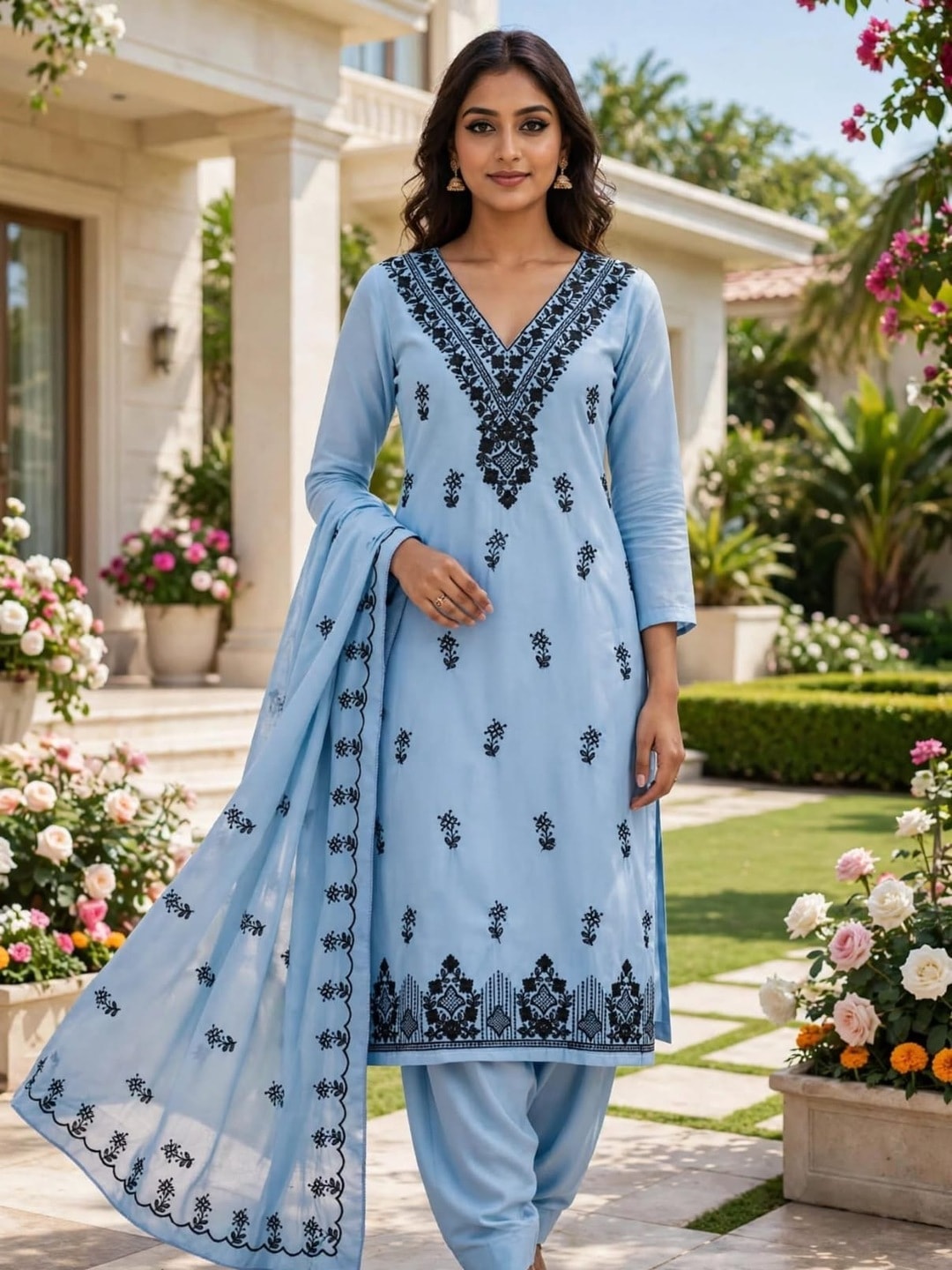 Peachmode Sky Blue Poly Rayon Unstitched Dress Material With Black Thread Embroidered V Neck And Daman Work And Embroidered Dupatta - Image 3