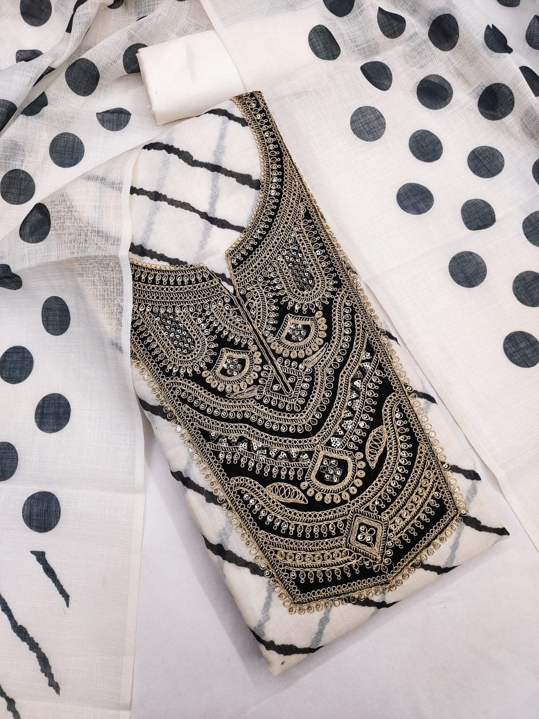 Peachmode White Linen Cotton Digital Print Unstitched Dress Material With Sequence Embroidered Neck And Polka Dot Dupatta - Image 1