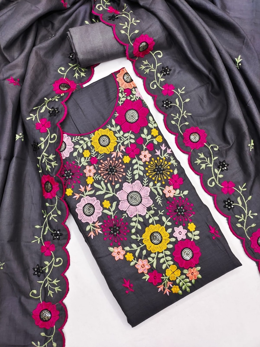 Peachmode Grey Parampara Silk Unstitched Dress Material With Multicolour Floral Sequence Mirror Work And Scalloped Embroidered Dupatta - Image 1