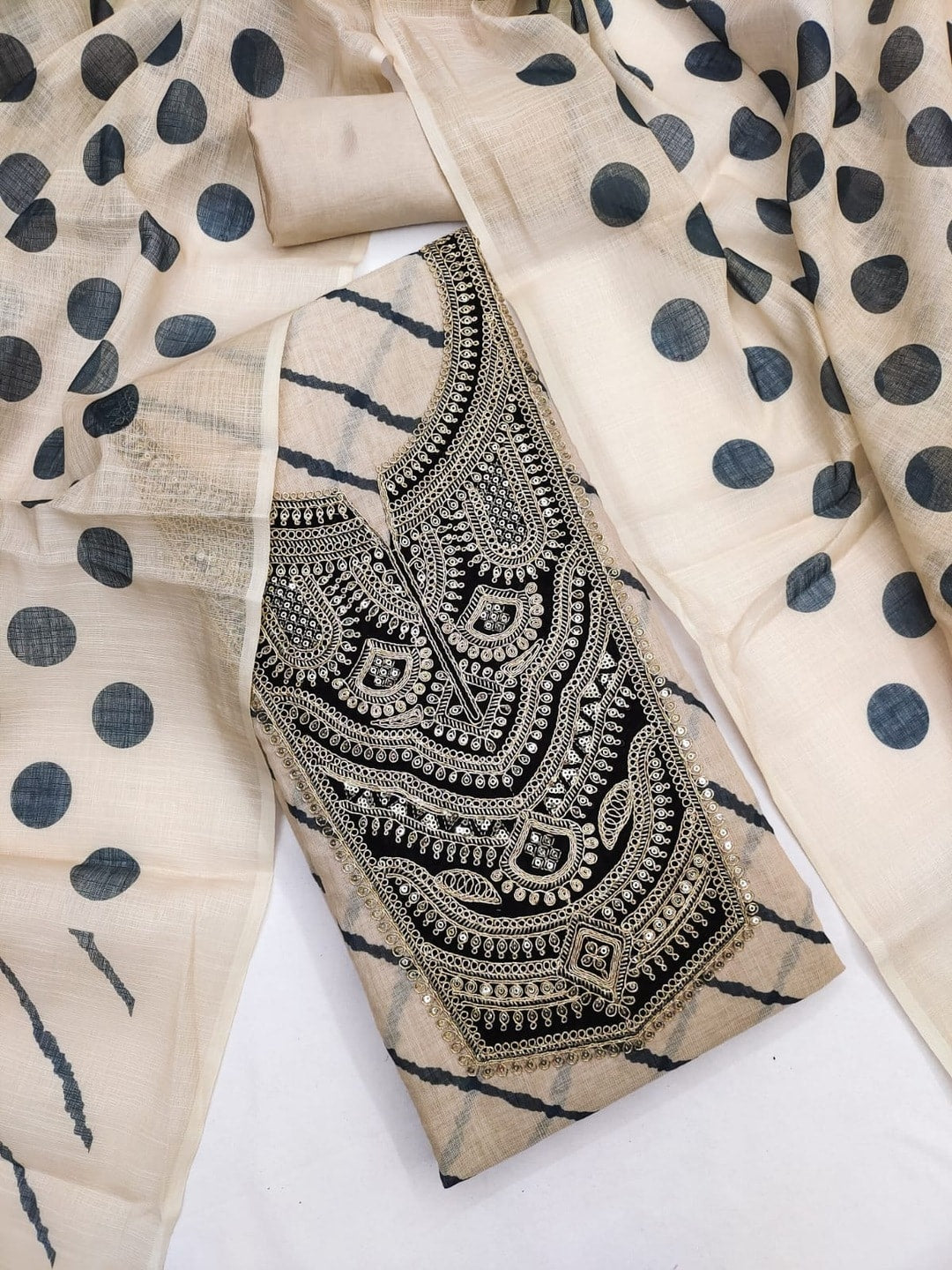 Peachmode Cream Linen Cotton Digital Print Unstitched Dress Material With Sequence Embroidered Neck And Polka Dot Dupatta - Image 1