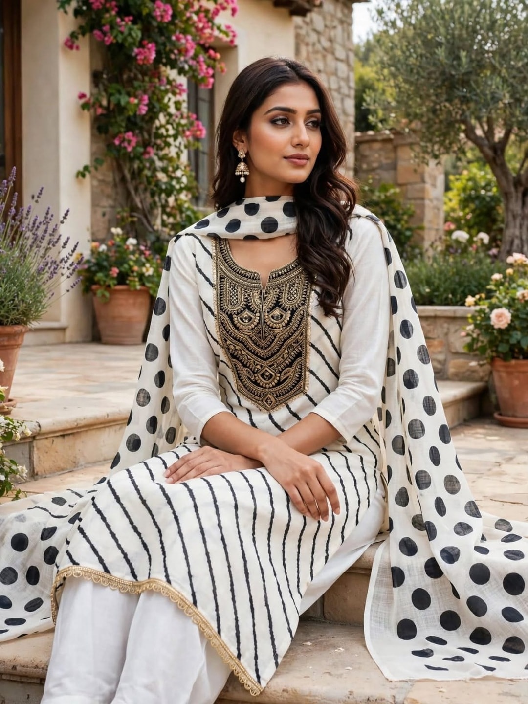 Peachmode White Linen Cotton Digital Print Unstitched Dress Material With Sequence Embroidered Neck And Polka Dot Dupatta - Image 2