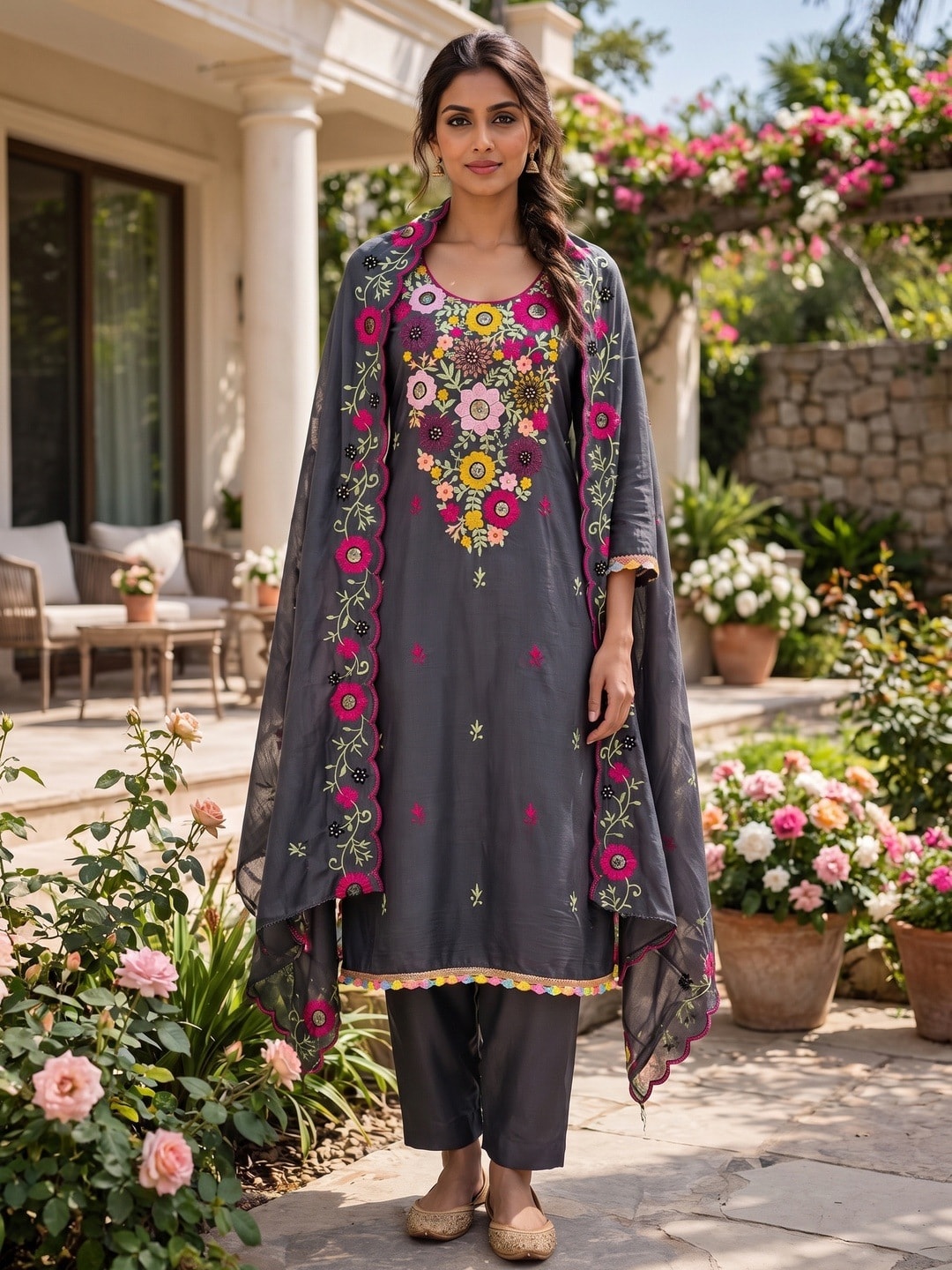 Peachmode Grey Parampara Silk Unstitched Dress Material With Multicolour Floral Sequence Mirror Work And Scalloped Embroidered Dupatta - Image 2