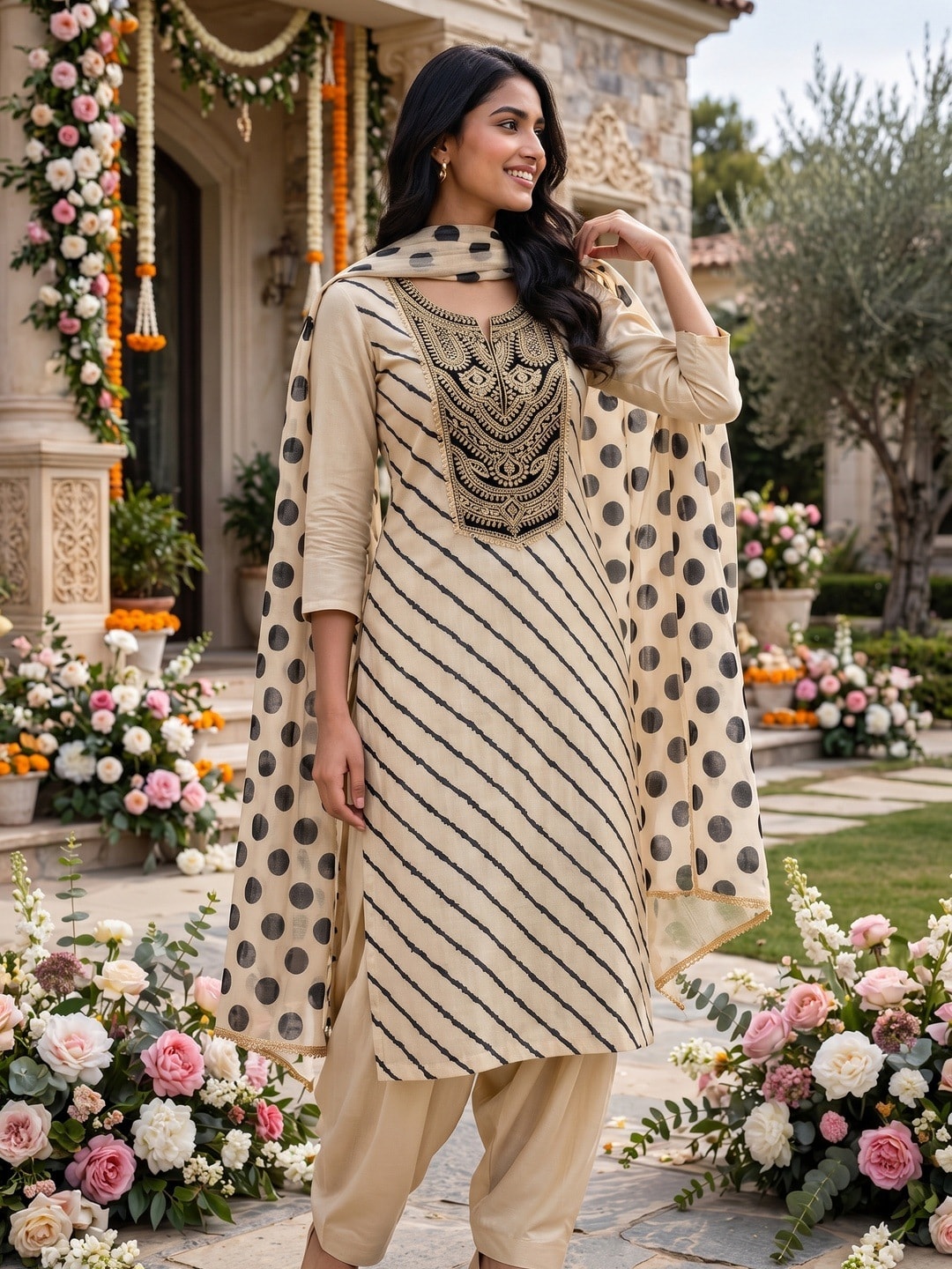 Peachmode Cream Linen Cotton Digital Print Unstitched Dress Material With Sequence Embroidered Neck And Polka Dot Dupatta - Image 2