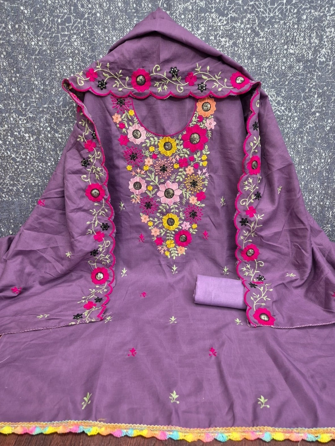 Peachmode Mauve Parampara Silk Unstitched Dress Material With Multicolour Floral Sequence Mirror Work And Scalloped Embroidered Dupatta - Image 3