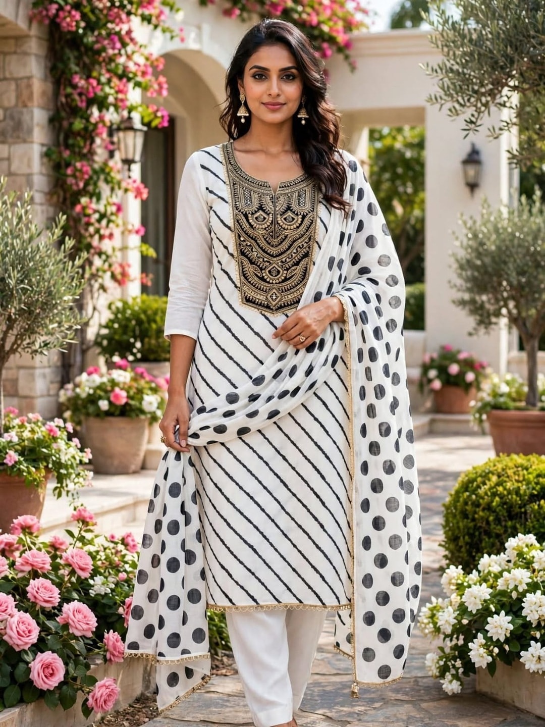 Peachmode White Linen Cotton Digital Print Unstitched Dress Material With Sequence Embroidered Neck And Polka Dot Dupatta - Image 3