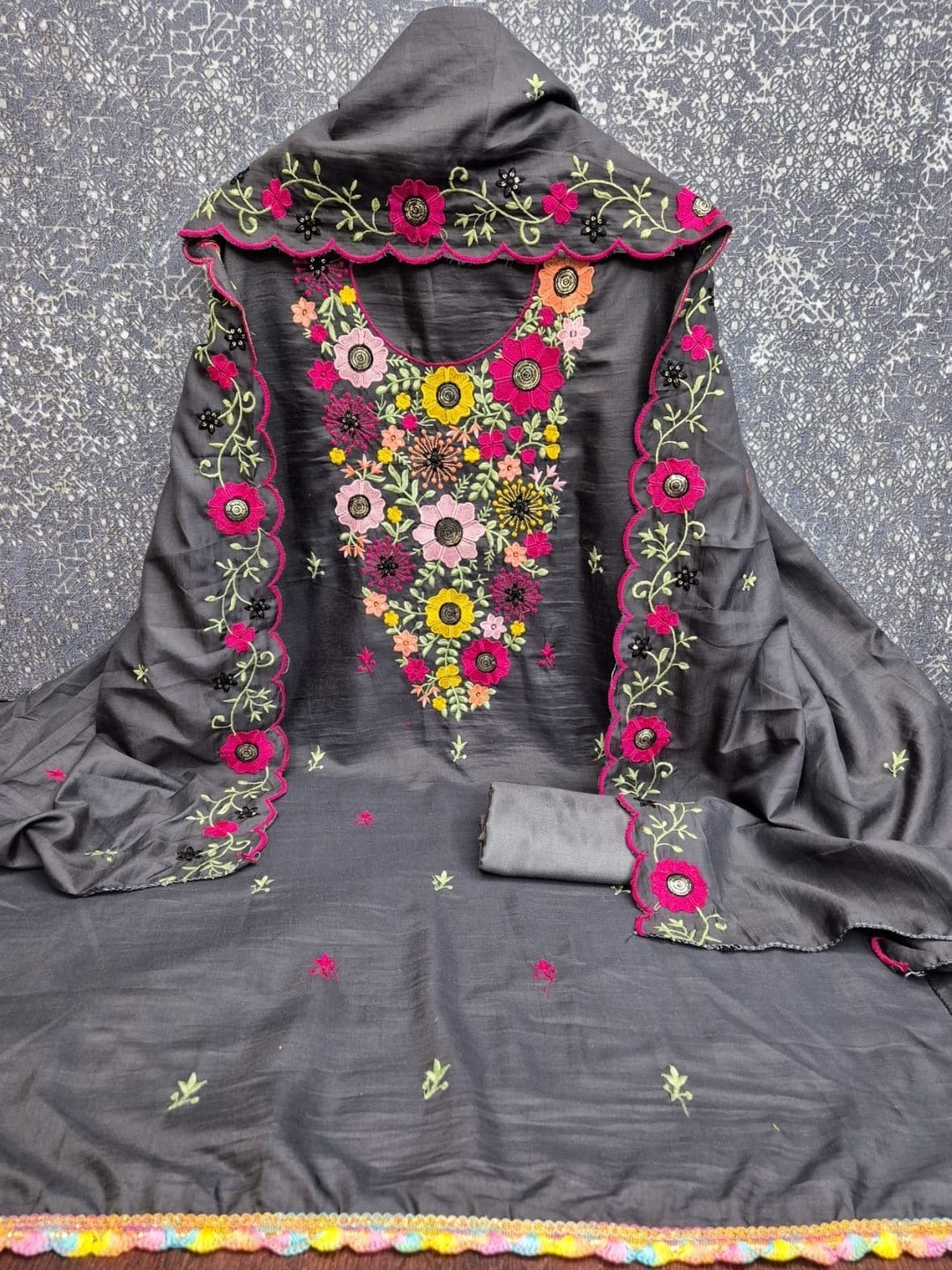 Peachmode Grey Parampara Silk Unstitched Dress Material With Multicolour Floral Sequence Mirror Work And Scalloped Embroidered Dupatta - Image 3