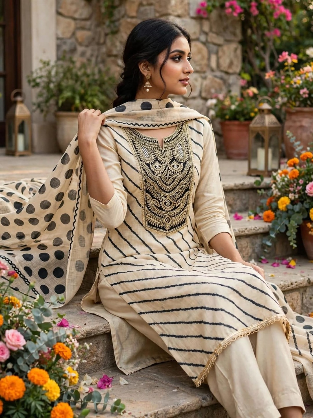 Peachmode Cream Linen Cotton Digital Print Unstitched Dress Material With Sequence Embroidered Neck And Polka Dot Dupatta - Image 3