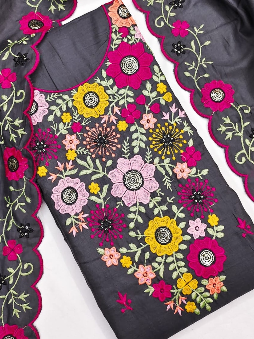 Peachmode Grey Parampara Silk Unstitched Dress Material With Multicolour Floral Sequence Mirror Work And Scalloped Embroidered Dupatta - Image 5