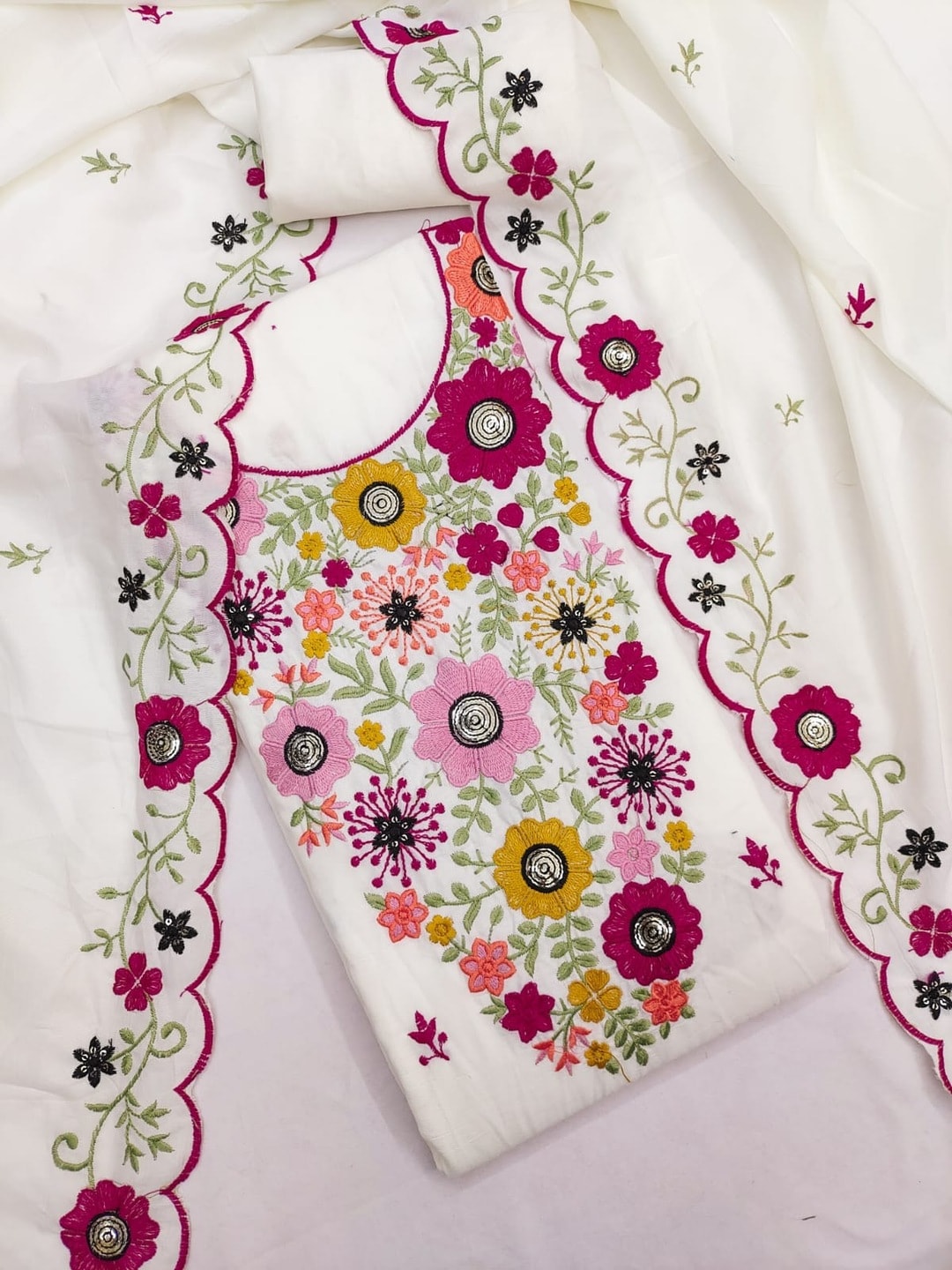 Peachmode White Parampara Silk Unstitched Dress Material With Multicolour Floral Sequence Mirror Work And Scalloped Embroidered Dupatta - Image 1