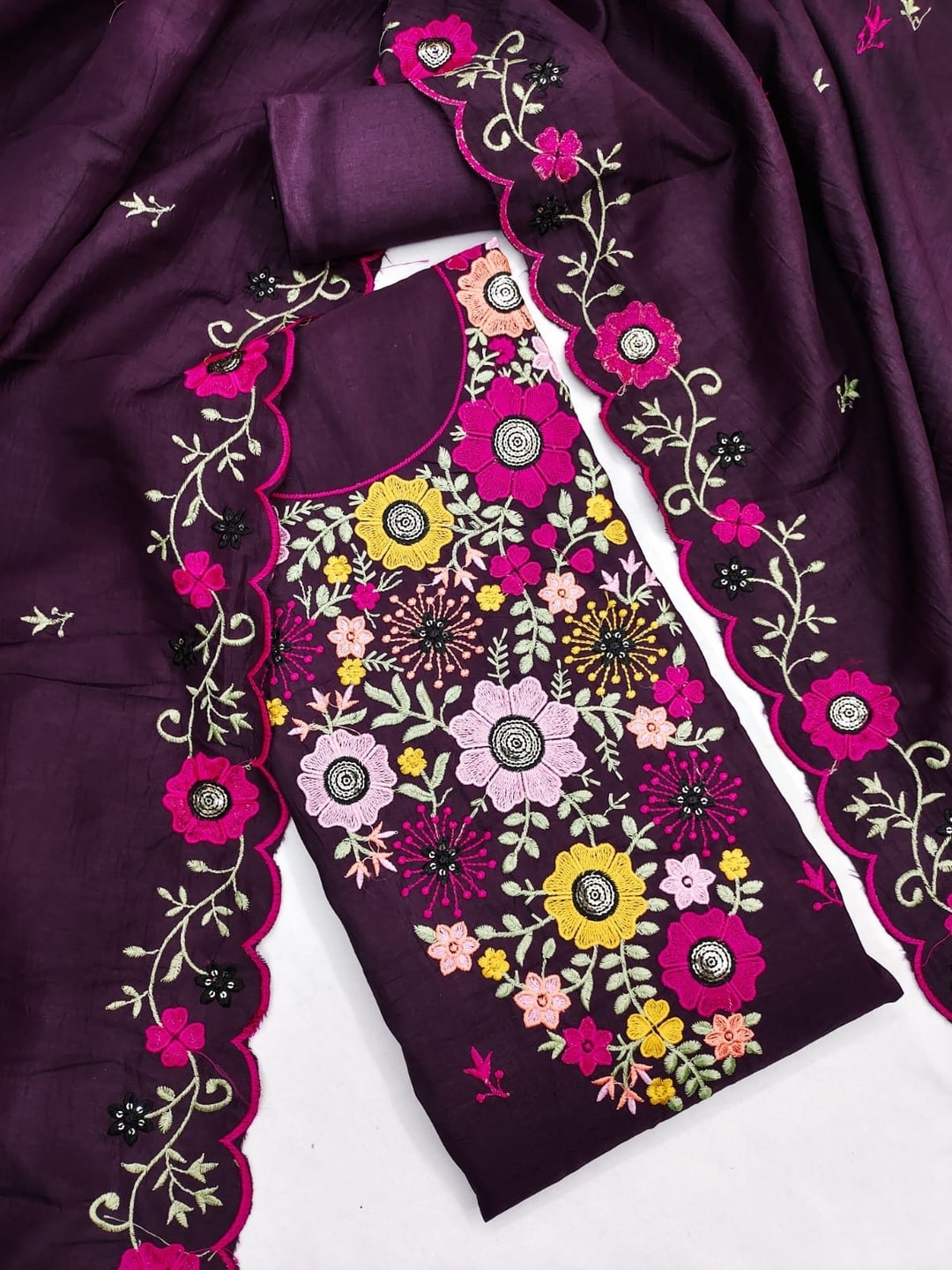 Peachmode Wine Parampara Silk Unstitched Dress Material With Multicolour Floral Sequence Mirror Work And Scalloped Embroidered Dupatta - Image 1