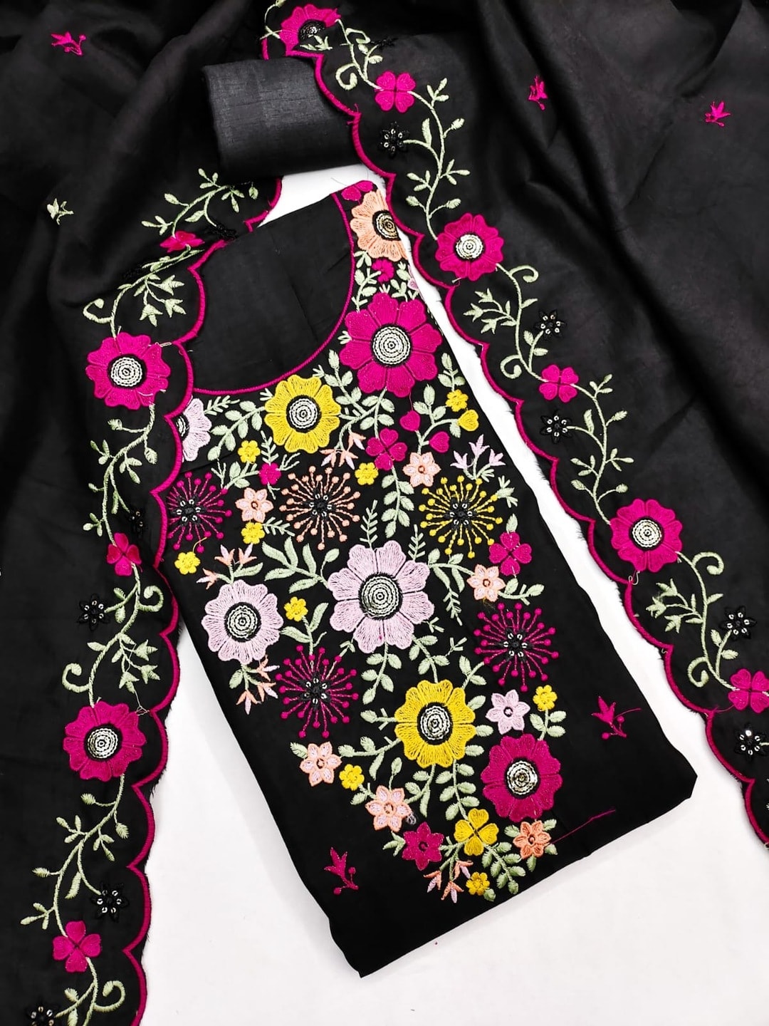 Peachmode Black Parampara Silk Unstitched Dress Material With Multicolour Floral Sequence Mirror Work And Scalloped Embroidered Dupatta - Image 1
