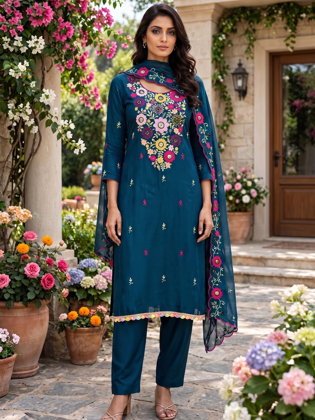 Peachmode Teal Parampara Silk Unstitched Dress Material With Multicolour Floral Sequence Mirror Work And Scalloped Embroidered Dupatta - Image 2