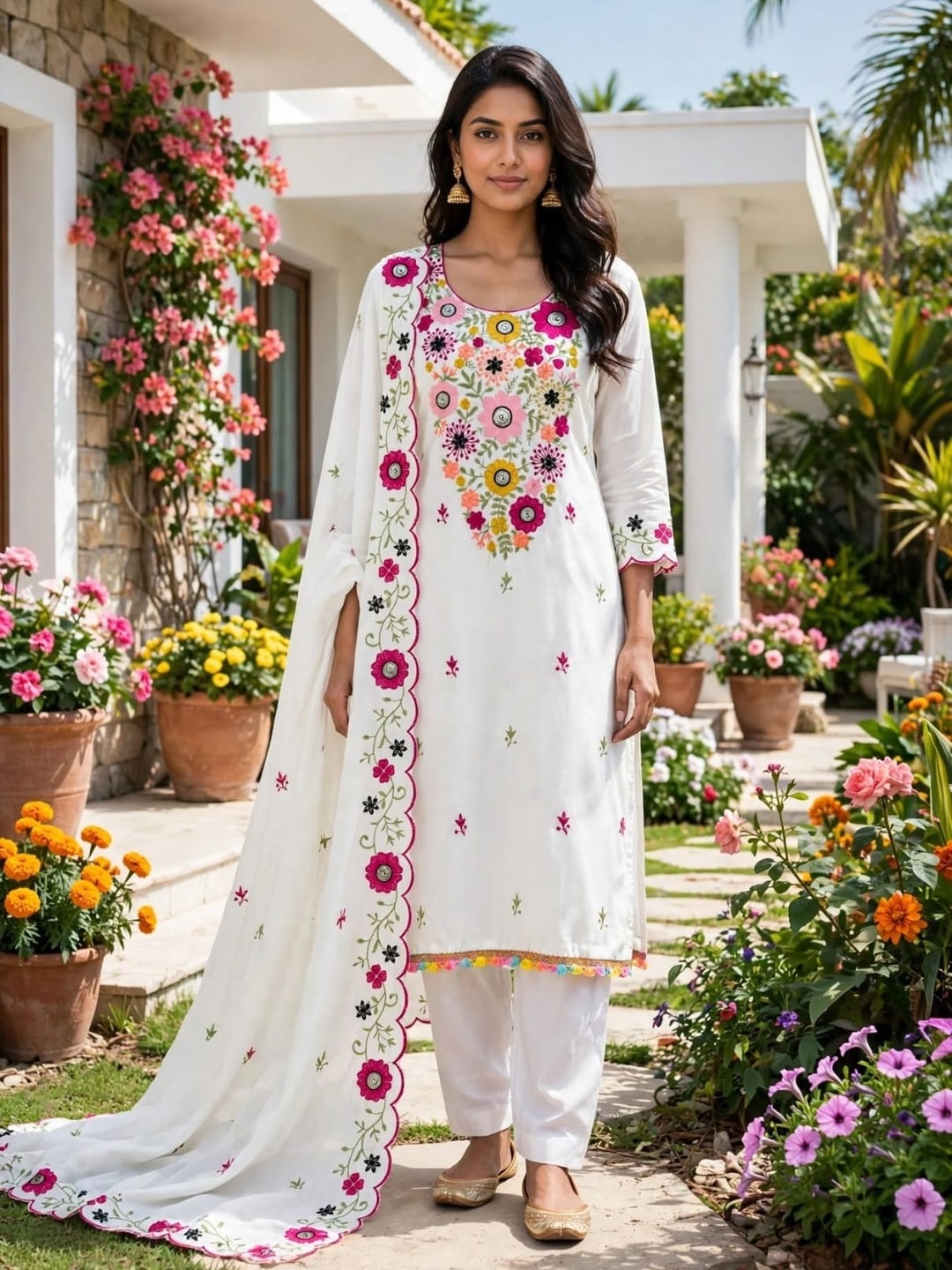 Peachmode White Parampara Silk Unstitched Dress Material With Multicolour Floral Sequence Mirror Work And Scalloped Embroidered Dupatta - Image 2
