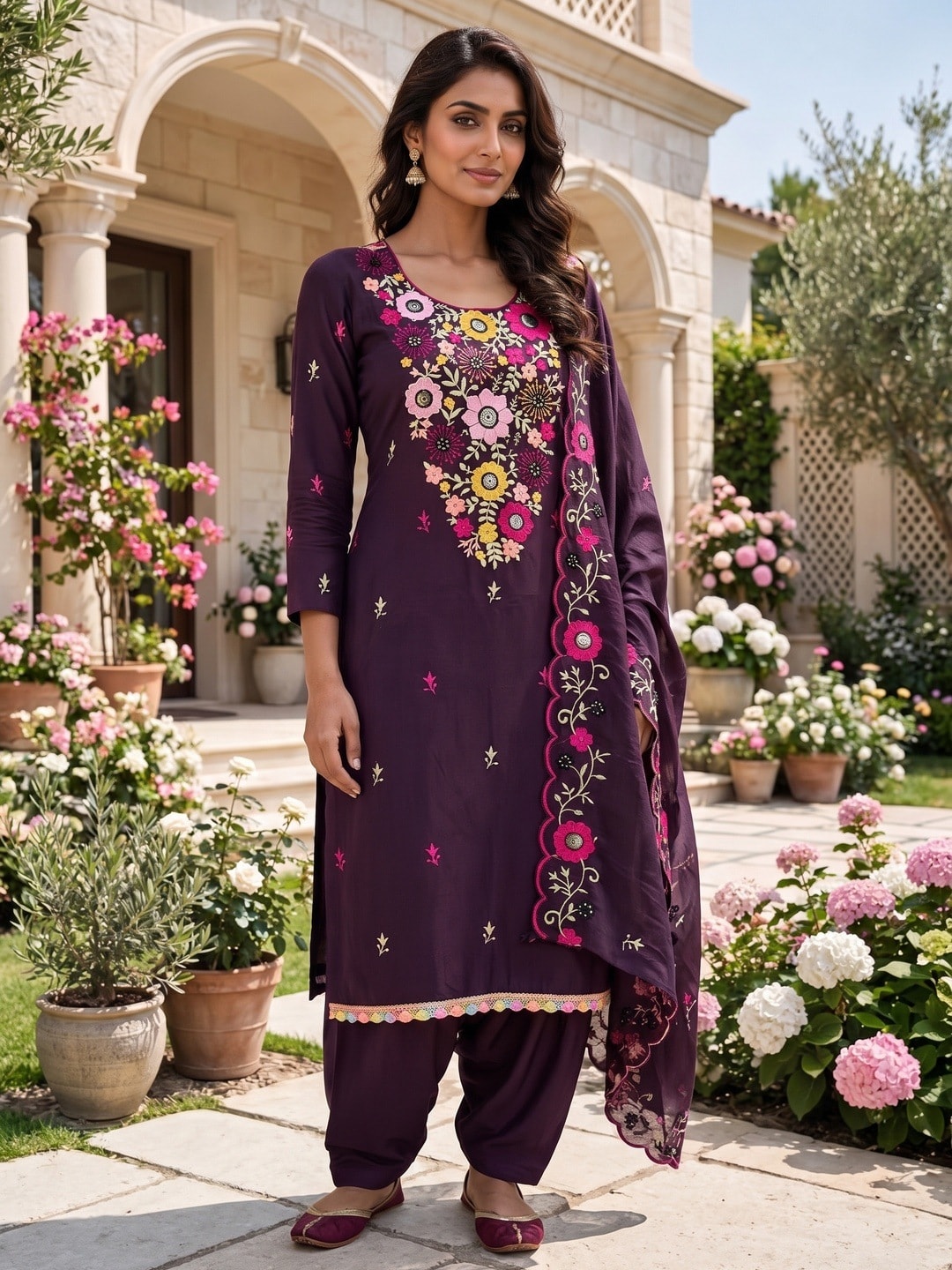 Peachmode Wine Parampara Silk Unstitched Dress Material With Multicolour Floral Sequence Mirror Work And Scalloped Embroidered Dupatta - Image 2