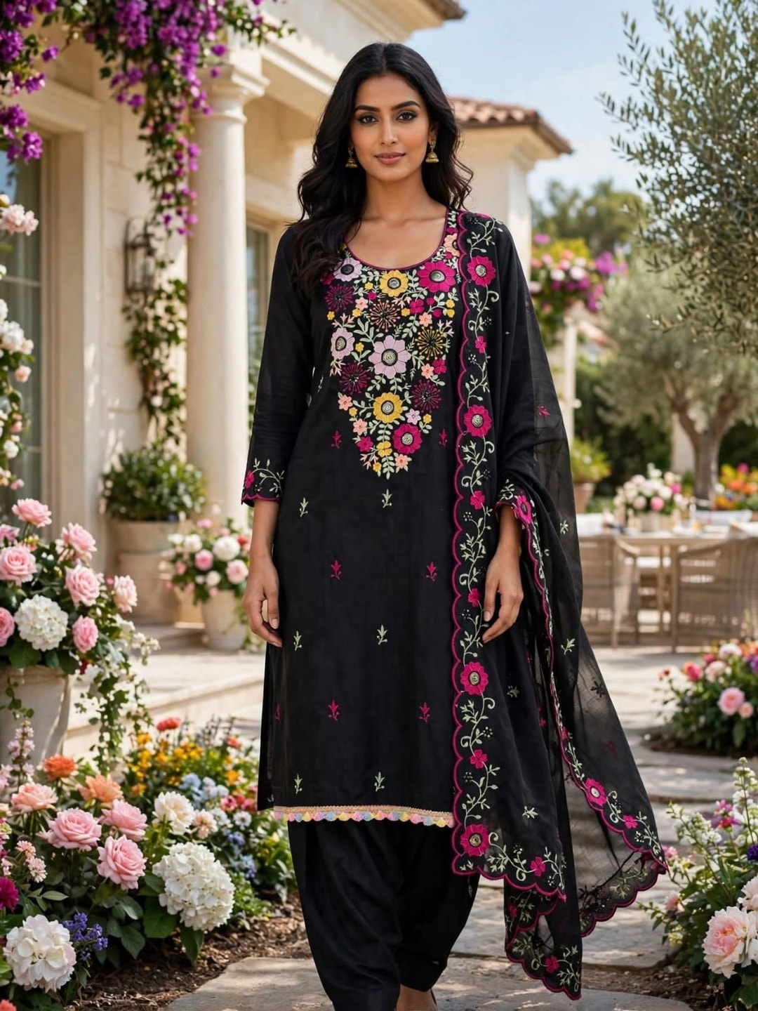 Peachmode Black Parampara Silk Unstitched Dress Material With Multicolour Floral Sequence Mirror Work And Scalloped Embroidered Dupatta - Image 2