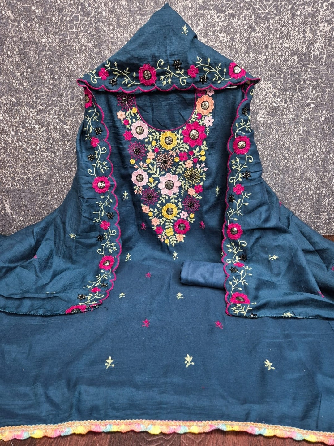 Peachmode Teal Parampara Silk Unstitched Dress Material With Multicolour Floral Sequence Mirror Work And Scalloped Embroidered Dupatta - Image 3